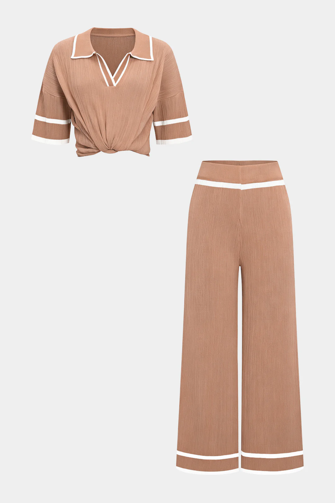Knit Contrast Binding Lapel Short-Sleeve Top And Wide Leg Pants Set - Image 7