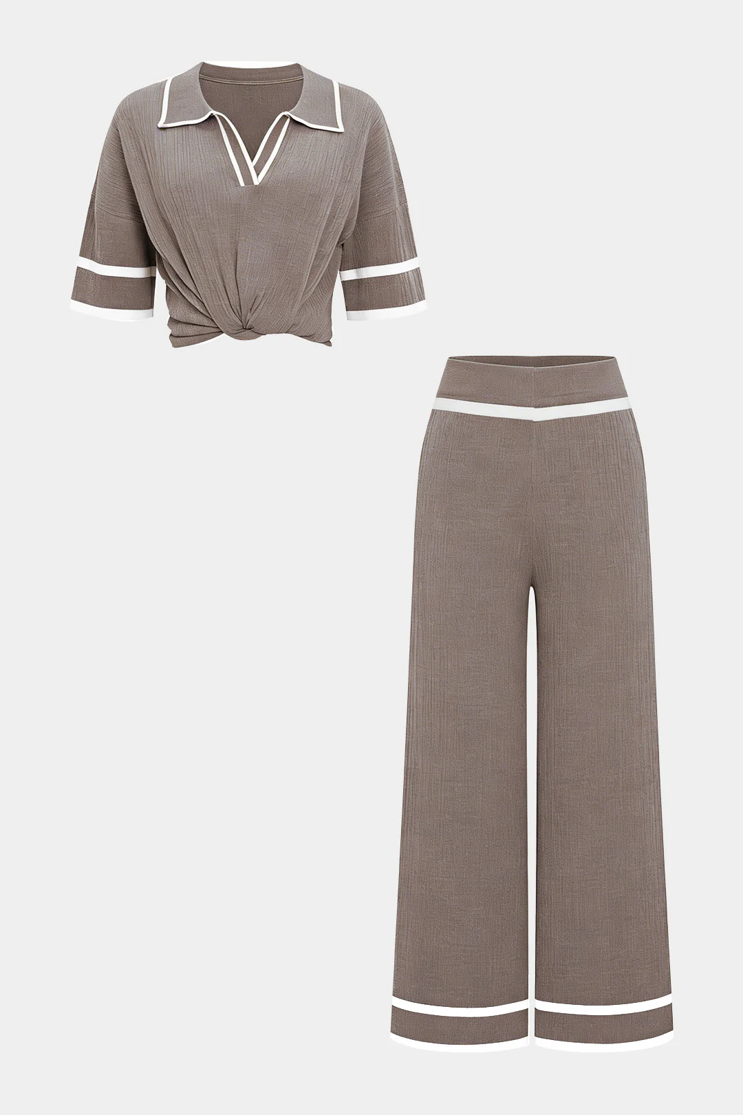 Knit Contrast Binding Lapel Short-Sleeve Top And Wide Leg Pants Set - Image 8