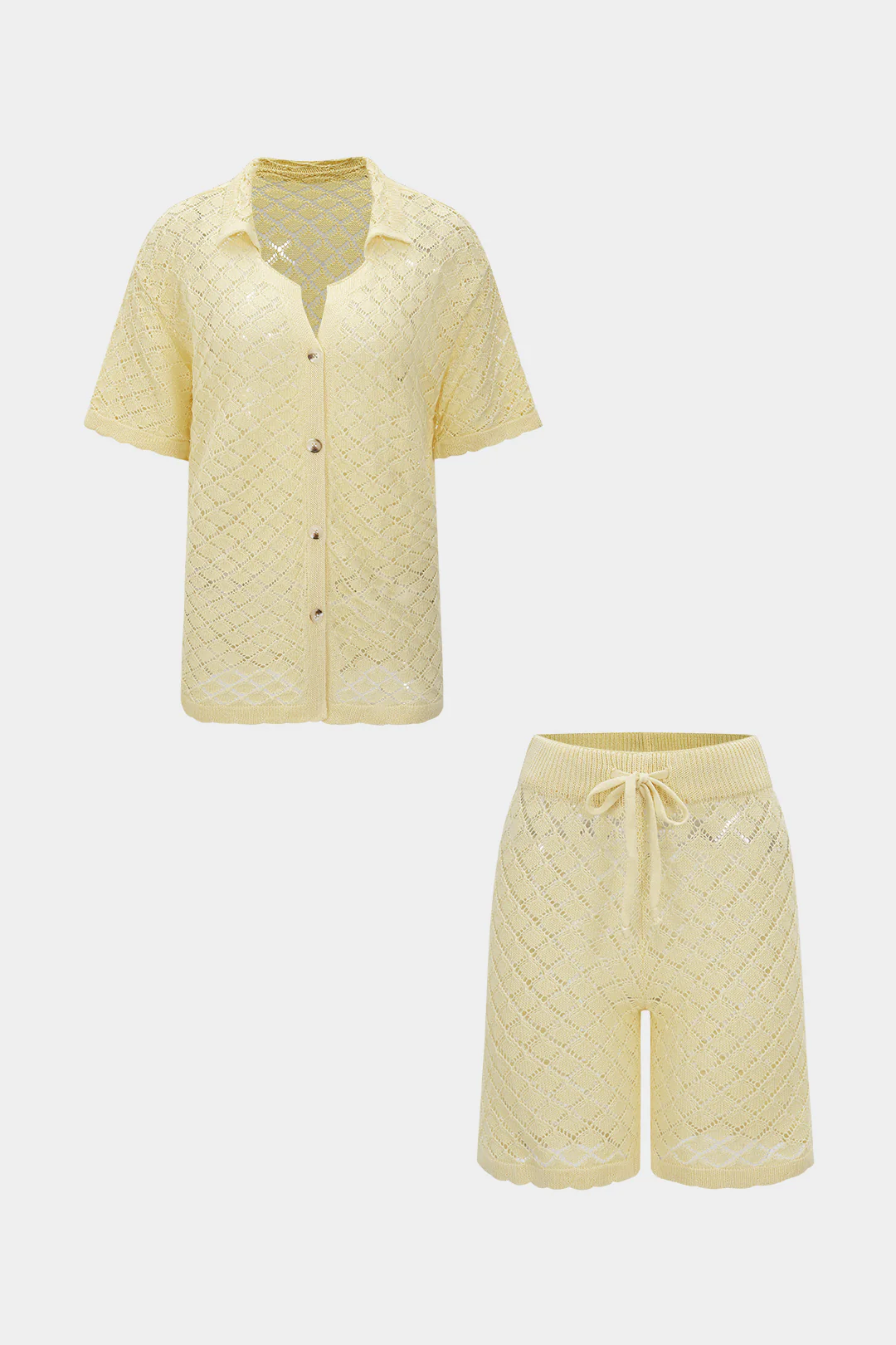 Knit Hollow Out Button Short-Sleeve And Drawstring Shorts Set - Image 2