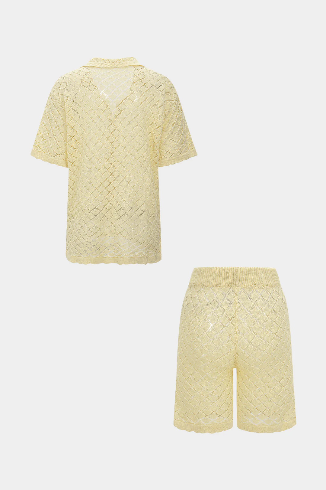 Knit Hollow Out Button Short-Sleeve And Drawstring Shorts Set - Image 3