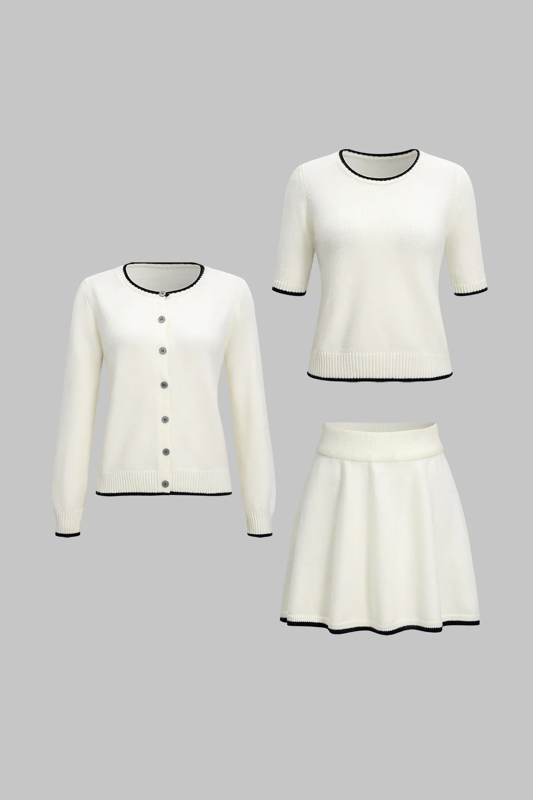 Knit 3PC Contrast Binding Round Neck Cardigan And Mini Skirt Set