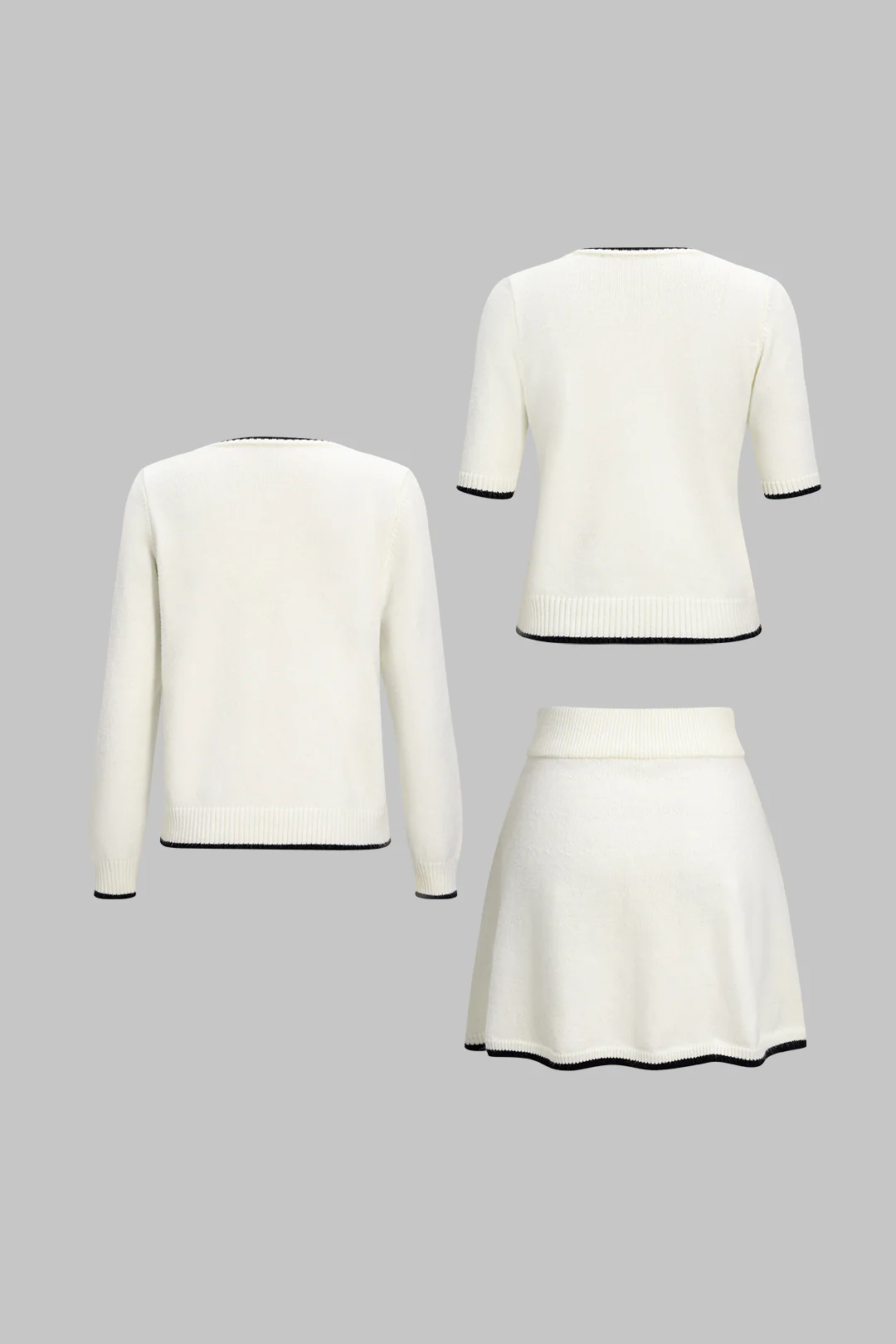 Knit 3PC Contrast Binding Round Neck Cardigan And Mini Skirt Set - Image 2