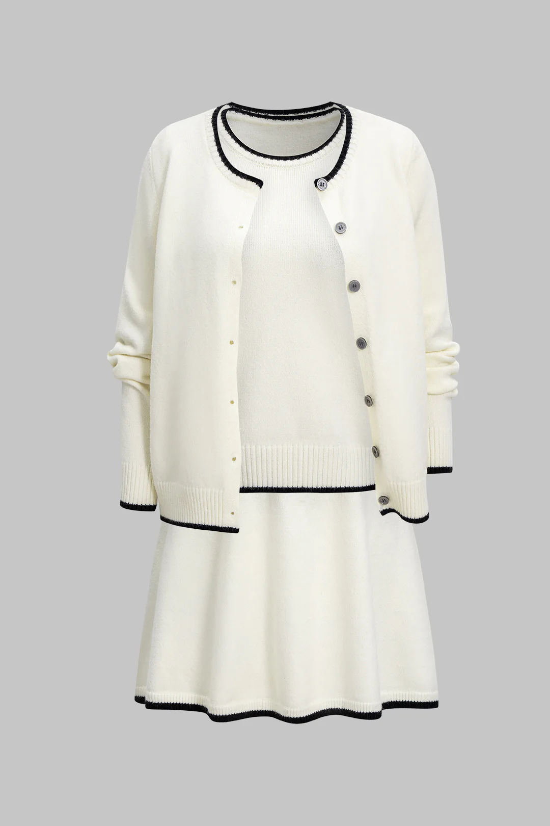 Knit 3PC Contrast Binding Round Neck Cardigan And Mini Skirt Set - Image 3