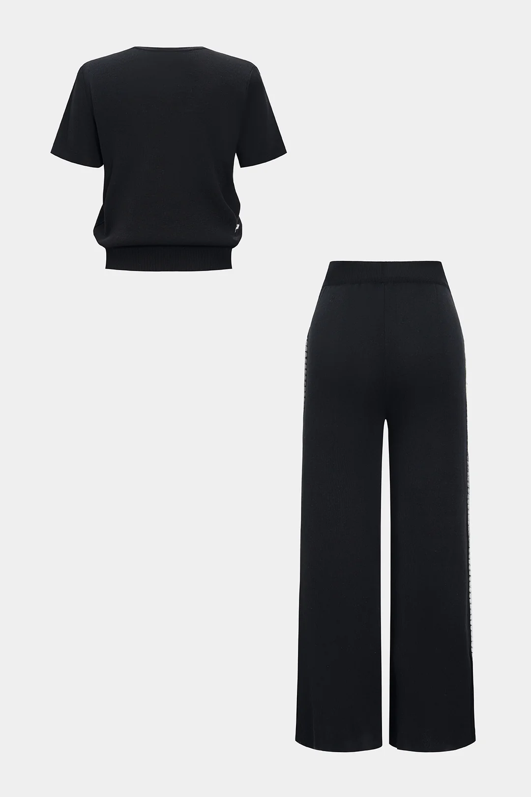 Knit Contrast Cut Out Short-Sleeve Top And Tie-Up Wide Leg Trousers Set - Image 2