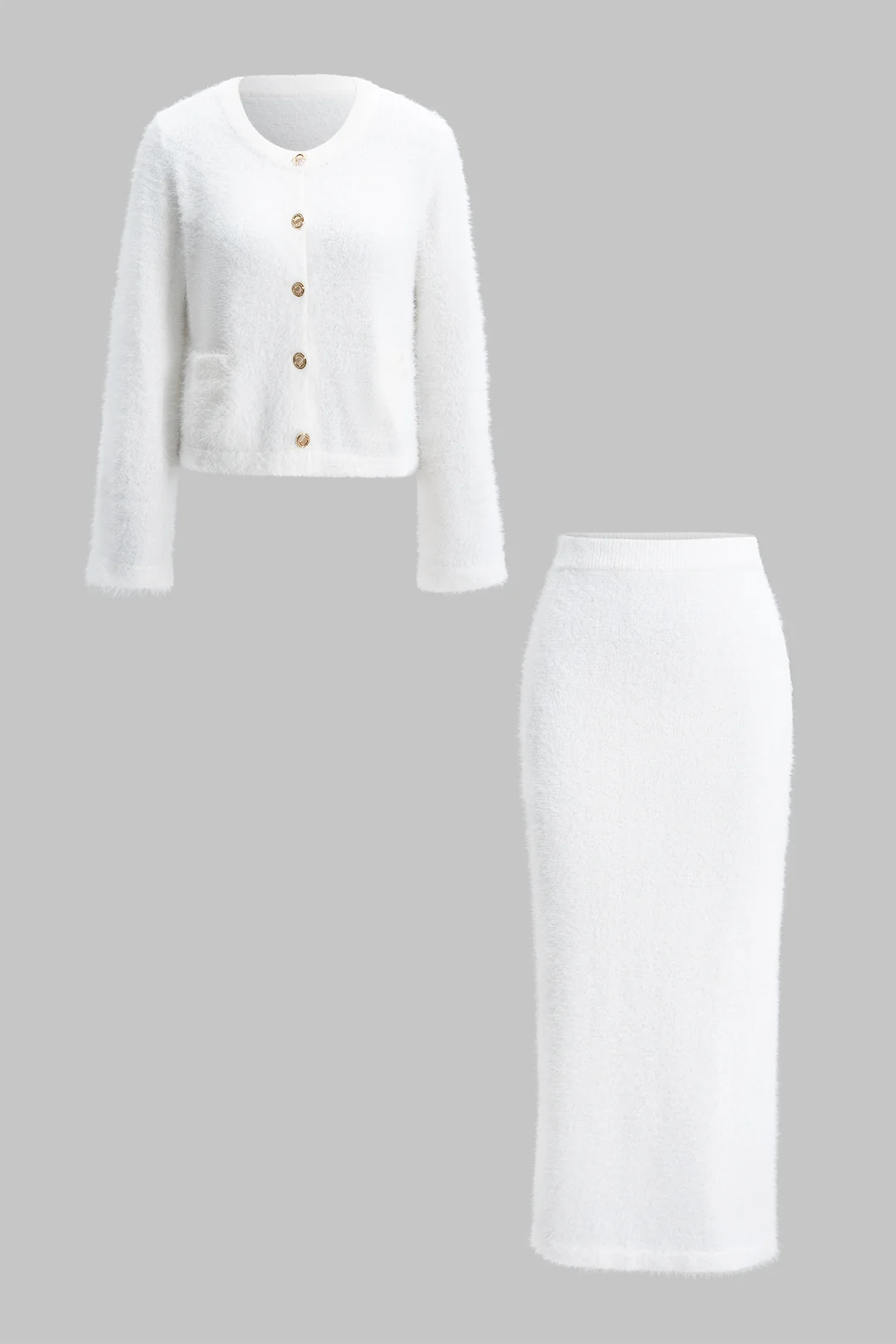 Knit Metallic Button Long-Sleeve Top And Skirt Set