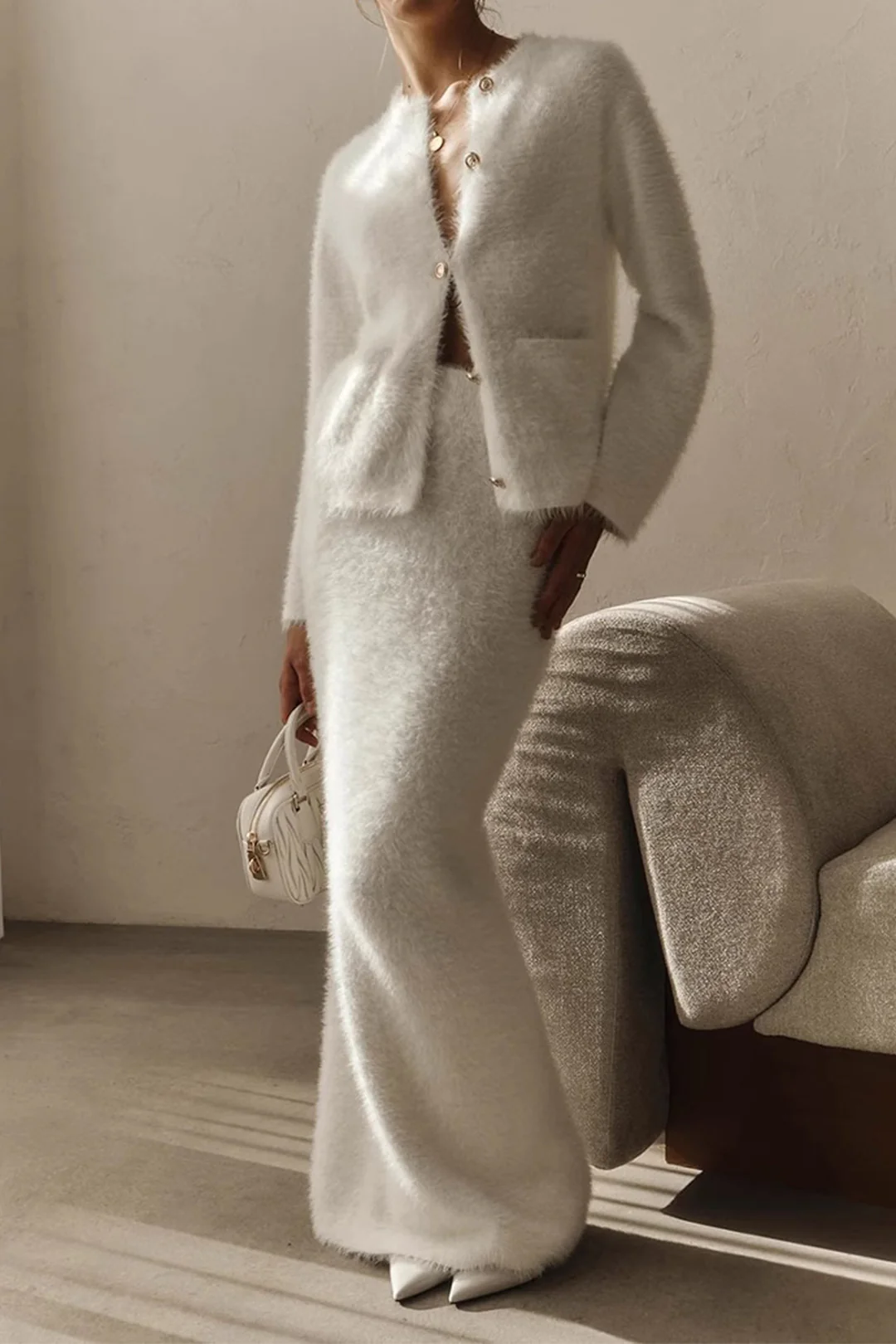 Knit Metallic Button Long-Sleeve Top And Skirt Set - Image 5