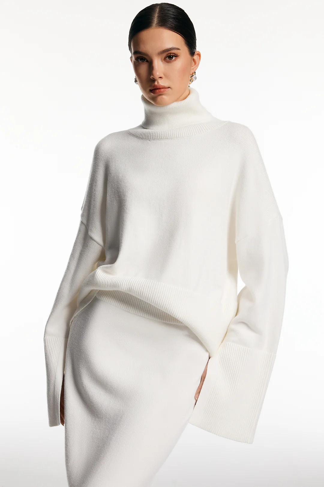 Knit Turtleneck Long-Sleeve Top And Side Split Skirt Set - Image 3