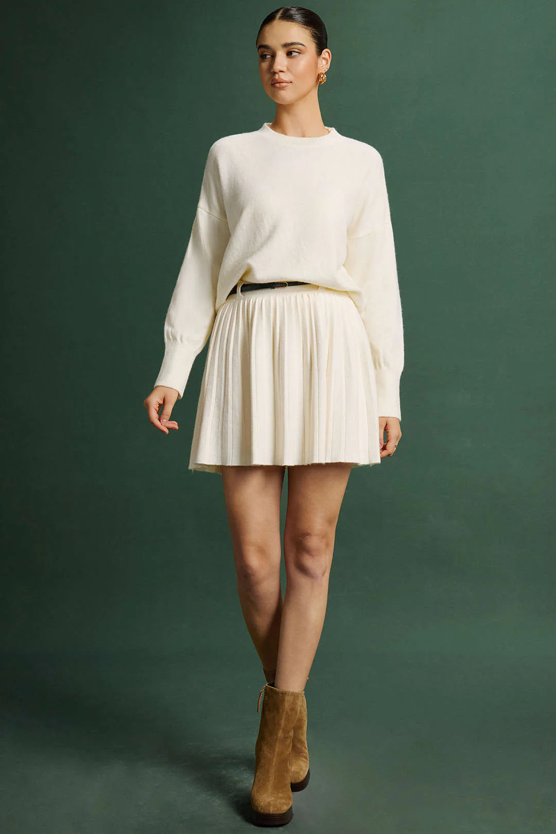 Knit Round Neck Long-Sleeve Top And Pleated Belted Skirt Set - Image 4
