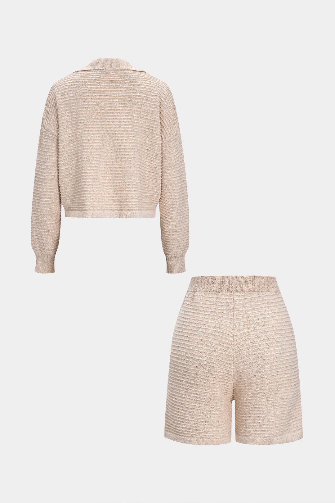 Knit Texture Long-Sleeve Top And Pocket Shorts Set - Image 2