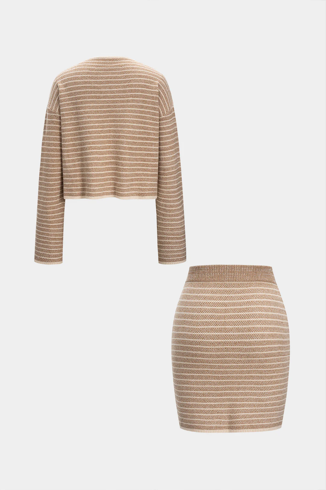 Knit Stripes Print Button Long-Sleeve Top And Mini Skirt Set - Image 2