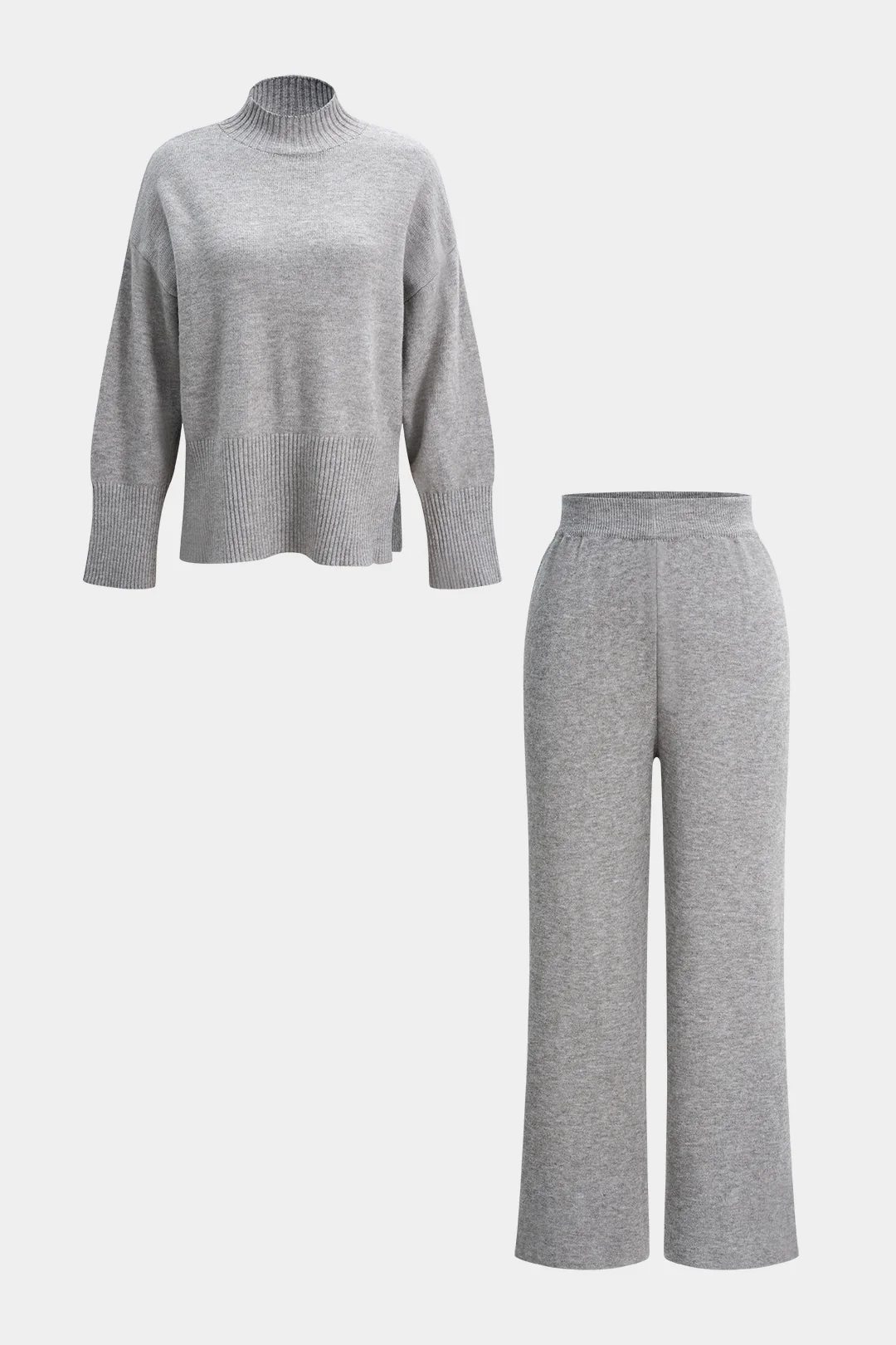 Knit Mock Neck Side Slit Long-Sleeve Top And Wide Leg Pants