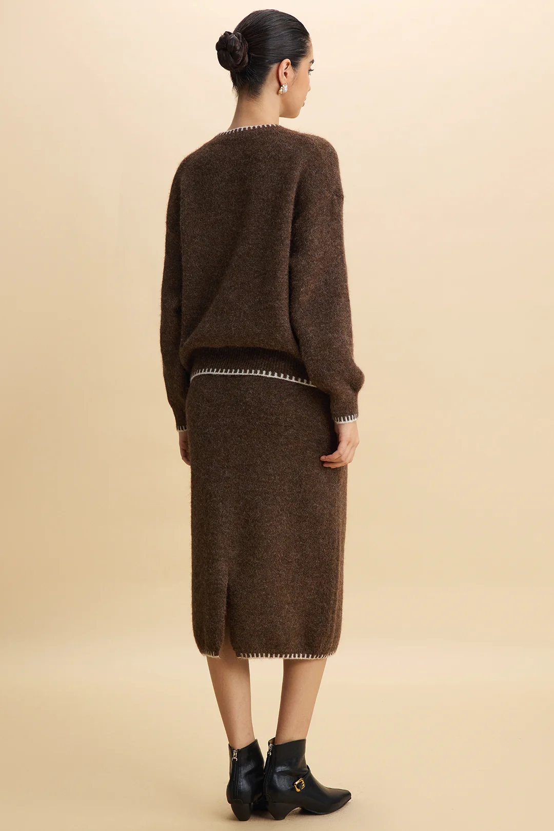 Knit Contrast Whipstitching Long-Sleeve Top And Skirt Set - Image 2