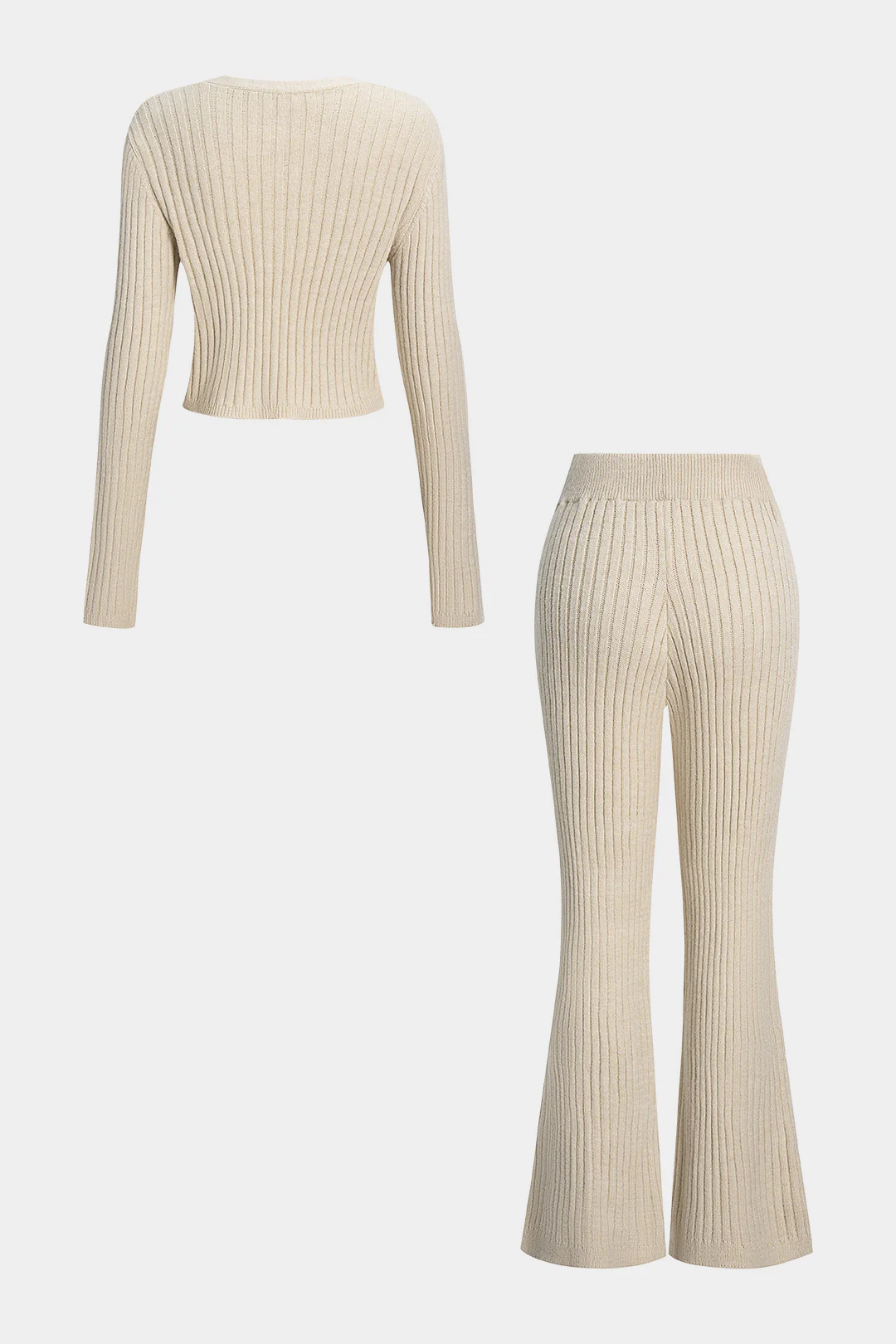 Knit Ribbed Button Long-Sleeve Top And Bell Leg Trousers Set - Image 2