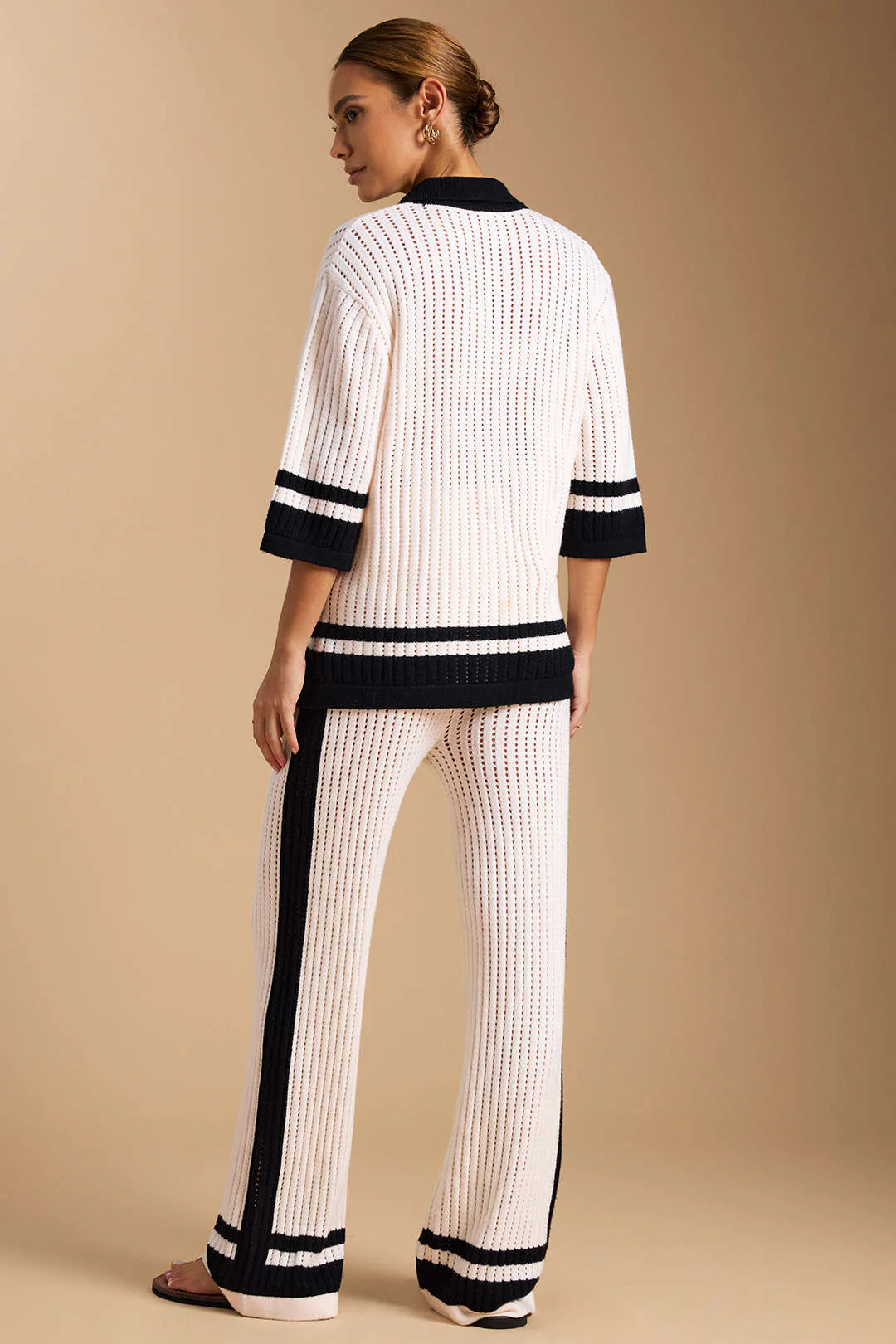 Knit Contrast Hollow Out Lapel Top And Drawstring Wide Leg Pants Set - Image 2