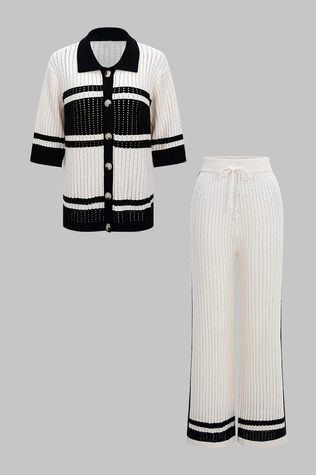 Knit Contrast Hollow Out Lapel Top And Drawstring Wide Leg Pants Set - Image 3