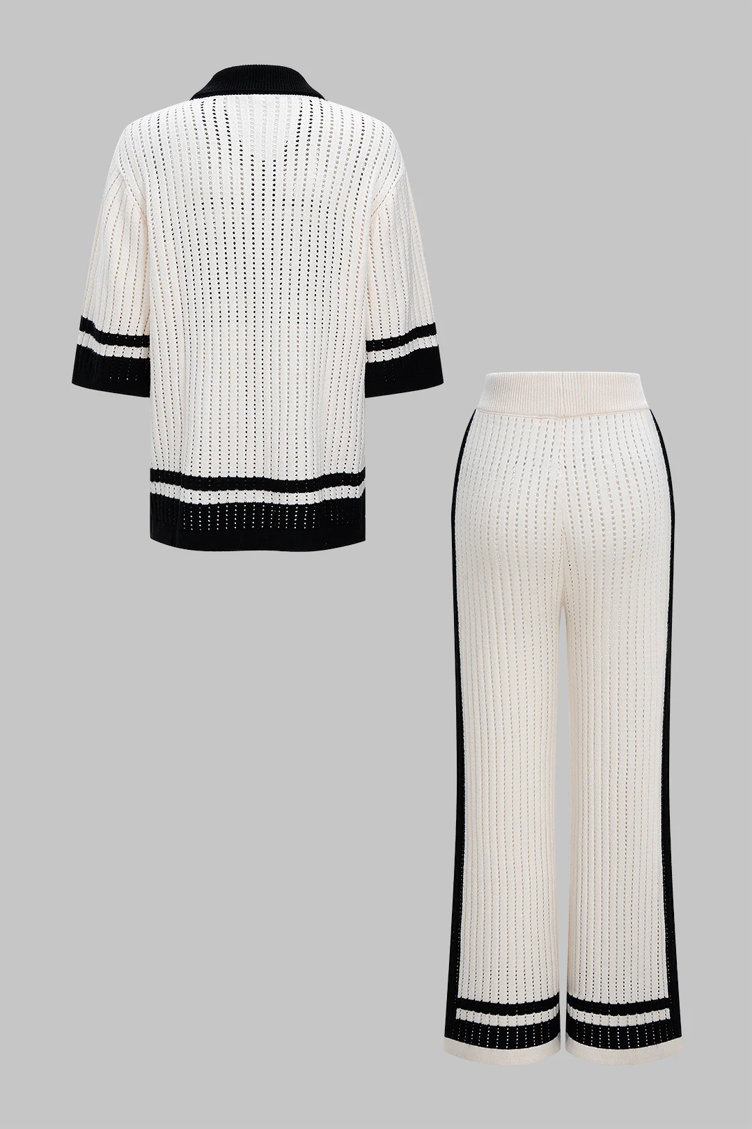 Knit Contrast Hollow Out Lapel Top And Drawstring Wide Leg Pants Set - Image 4