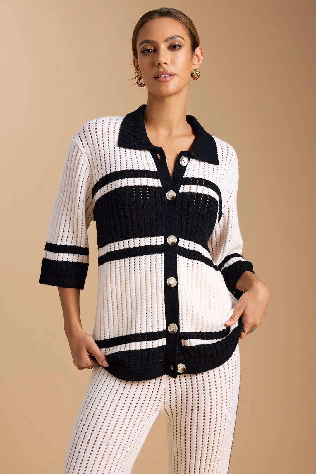 Knit Contrast Hollow Out Lapel Top And Drawstring Wide Leg Pants Set - Image 8