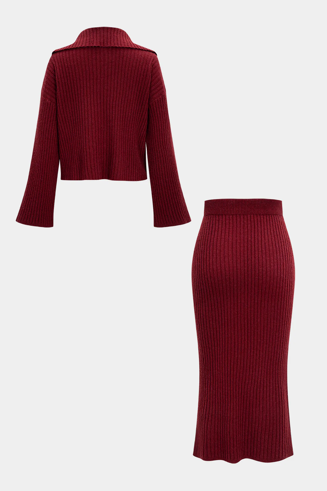 Knit Ribbed Zipper Collar Long-Sleeve Top And Skirt Set - Image 3