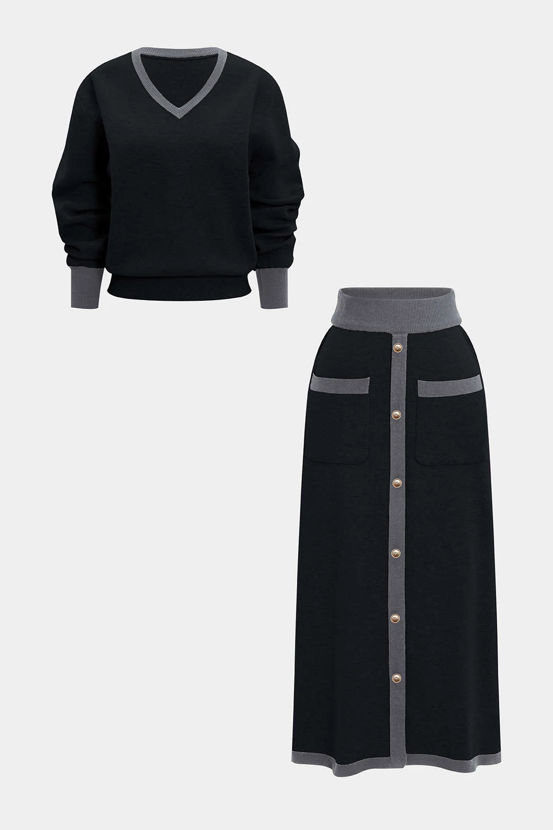 Knit Contrast V-Neck Long-Sleeve Top And Button Skirt Set - Image 14