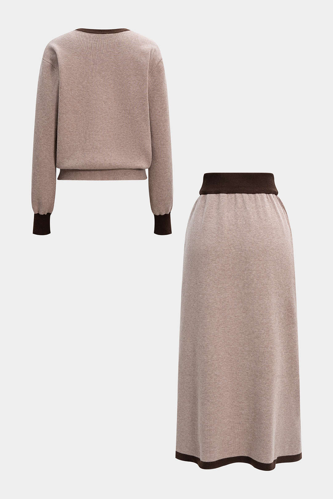 Knit Contrast V-Neck Long-Sleeve Top And Button Skirt Set - Image 3