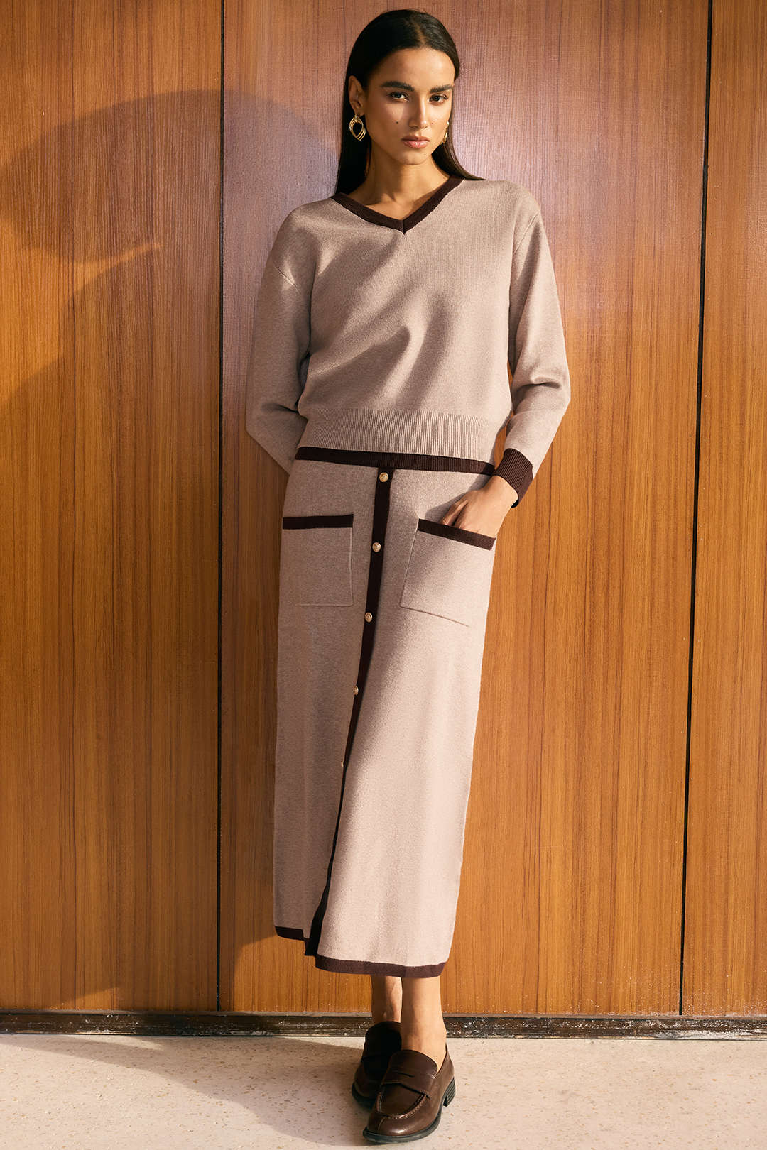 Knit Contrast V-Neck Long-Sleeve Top And Button Skirt Set - Image 7