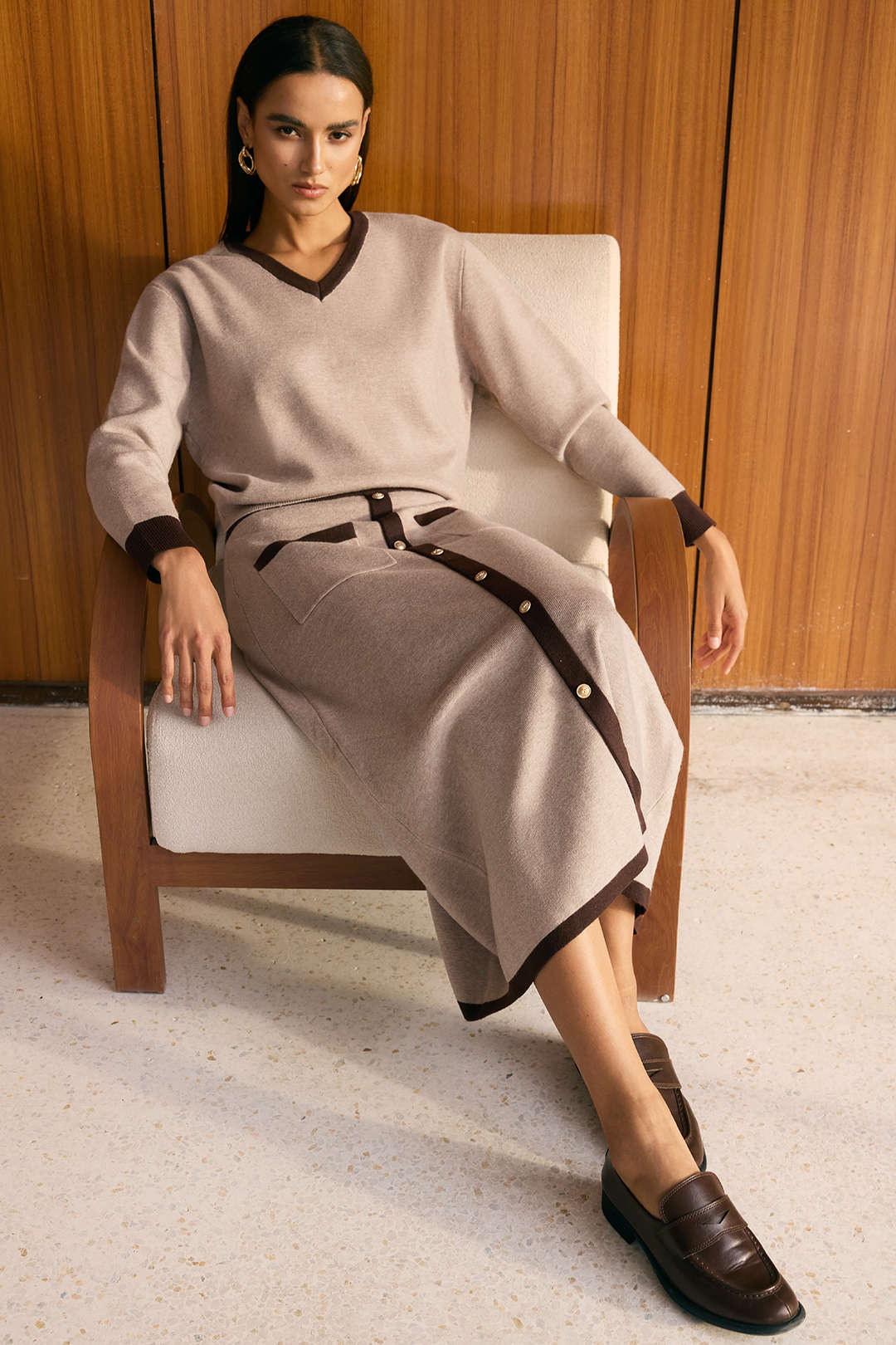 Knit Contrast V-Neck Long-Sleeve Top And Button Skirt Set - Image 8
