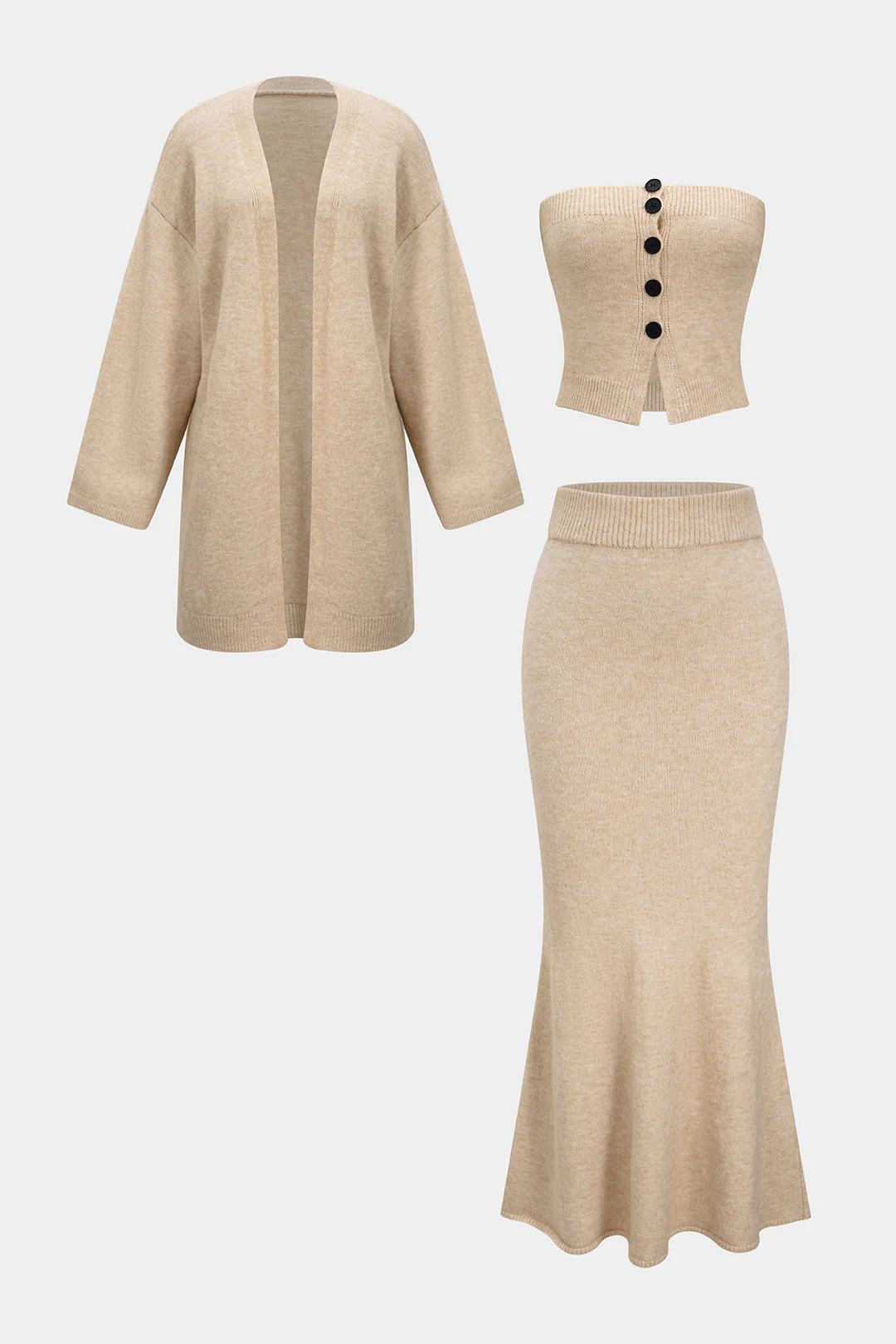 Knit Long Cardigan And Button Strapless Tube Top And Skirt Set