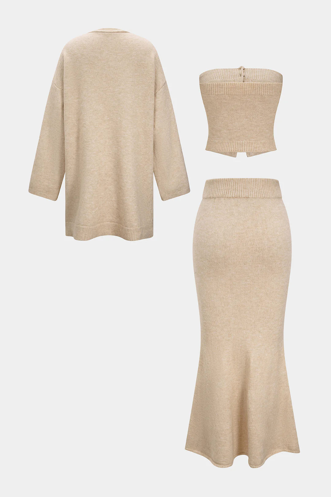 Knit Long Cardigan And Button Strapless Tube Top And Skirt Set - Image 2
