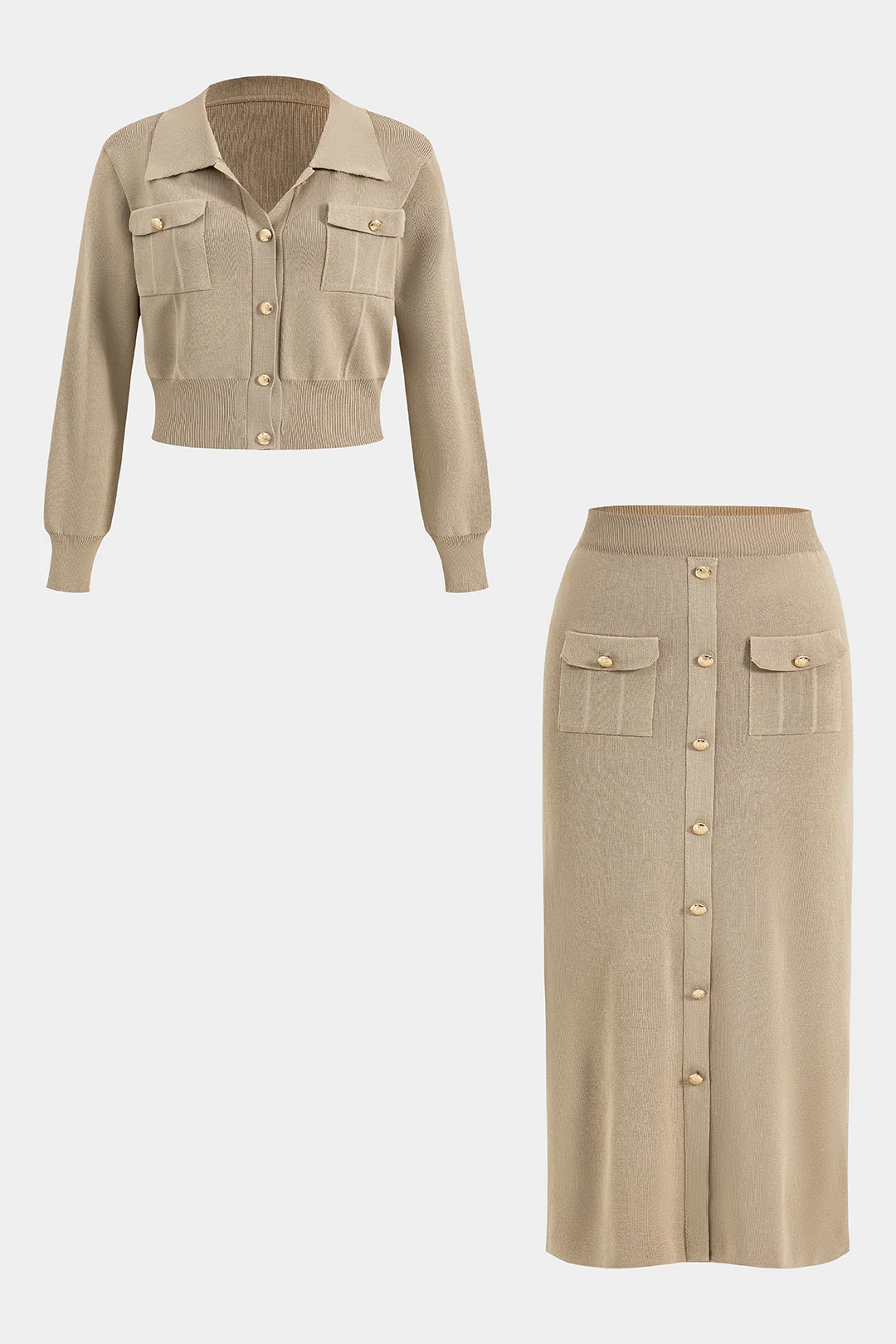 Plus Size Knit Button Pocket Long-Sleeve Top And Skirt Set - Image 2