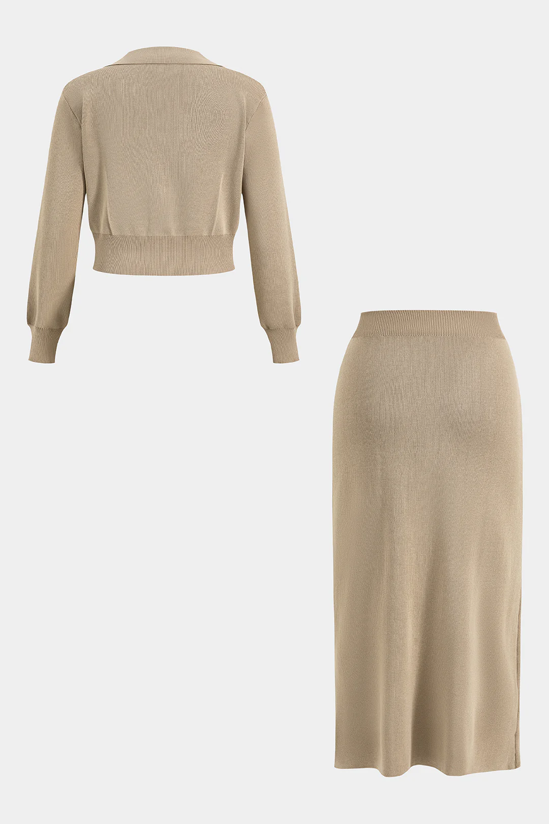 Plus Size Knit Button Pocket Long-Sleeve Top And Skirt Set - Image 3