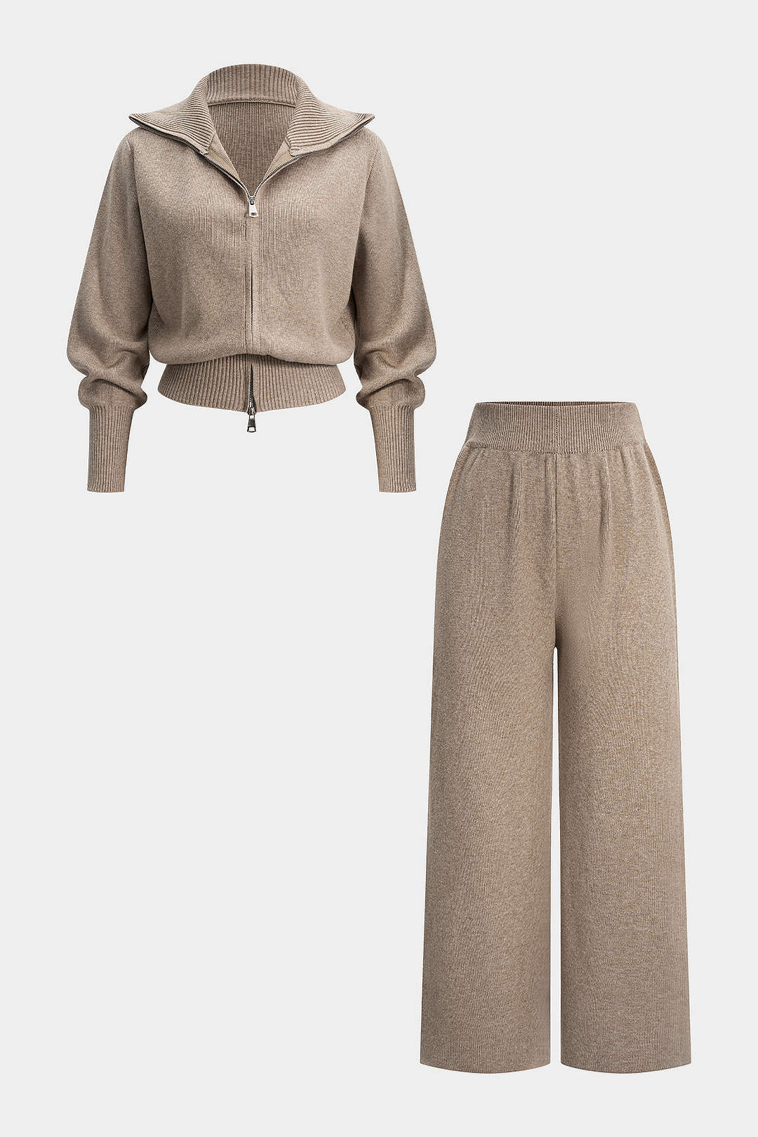 Knit Zipper Long-Sleeve Hoodie And Shirred Waistband Zipper Wide Leg Pants Set - Image 10