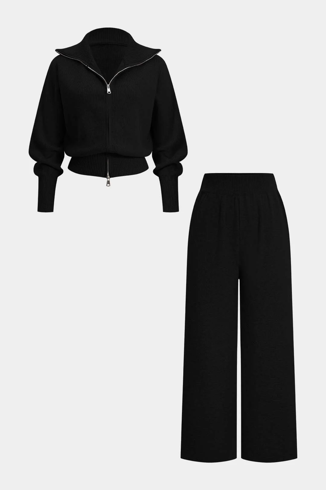 Knit Zipper Long-Sleeve Hoodie And Shirred Waistband Zipper Wide Leg Pants Set - Image 11