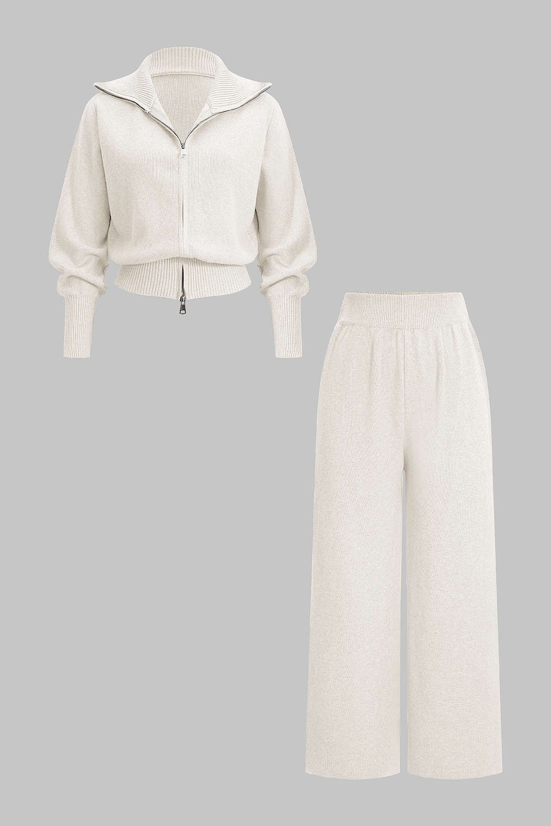 Knit Zipper Long-Sleeve Hoodie And Shirred Waistband Zipper Wide Leg Pants Set - Image 12