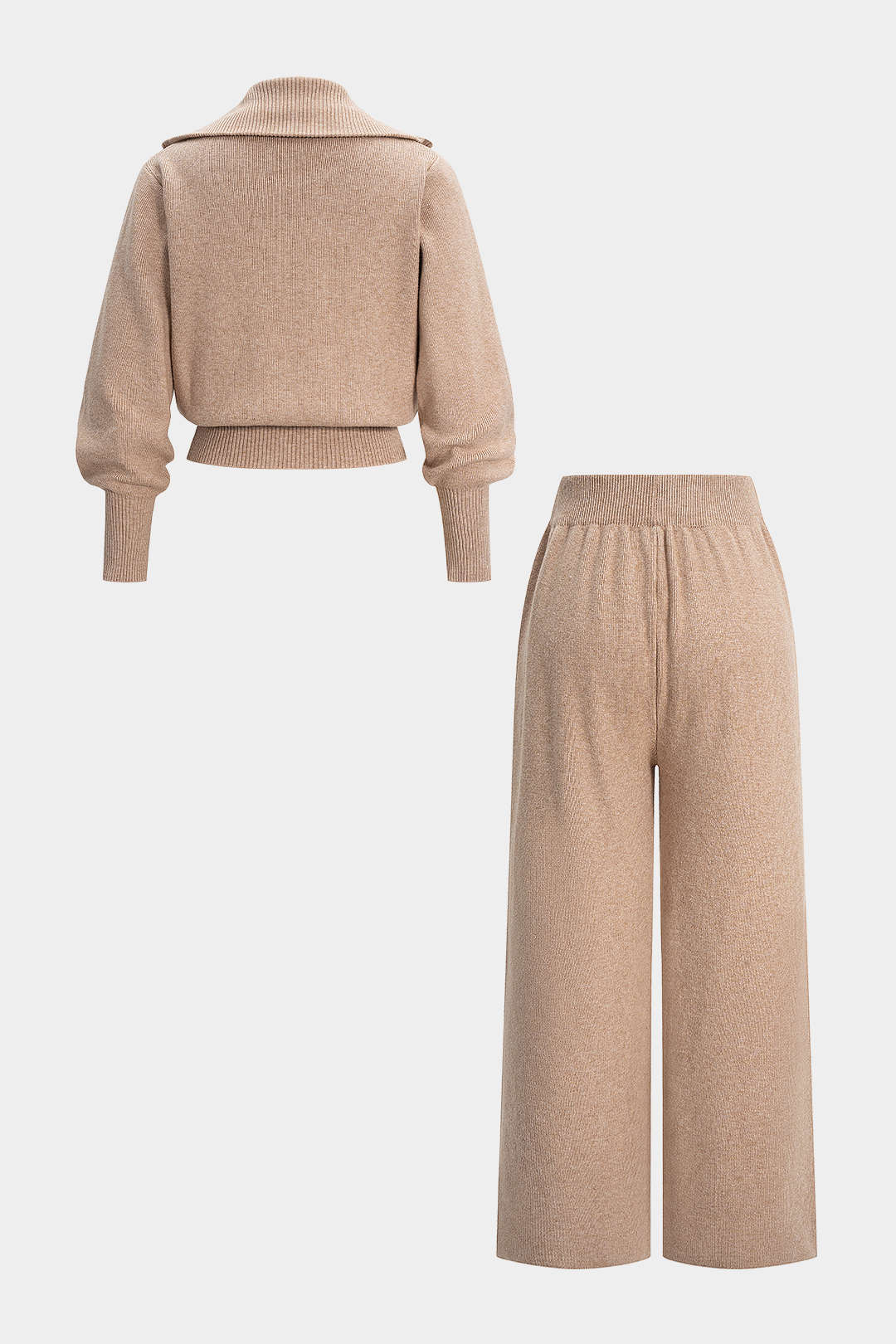 Knit Zipper Long-Sleeve Hoodie And Shirred Waistband Zipper Wide Leg Pants Set - Image 13