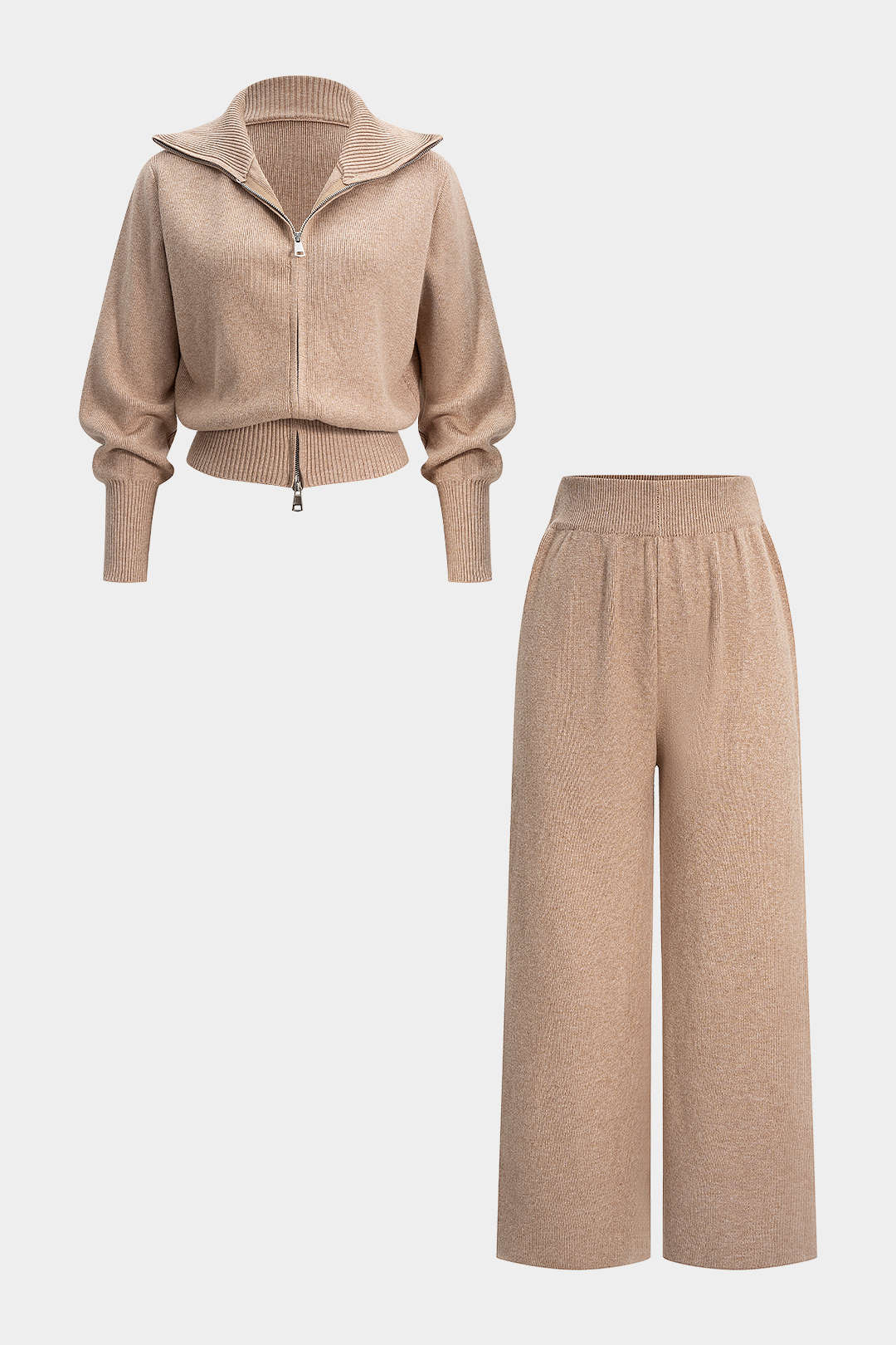 Knit Zipper Long-Sleeve Hoodie And Shirred Waistband Zipper Wide Leg Pants Set - Image 8