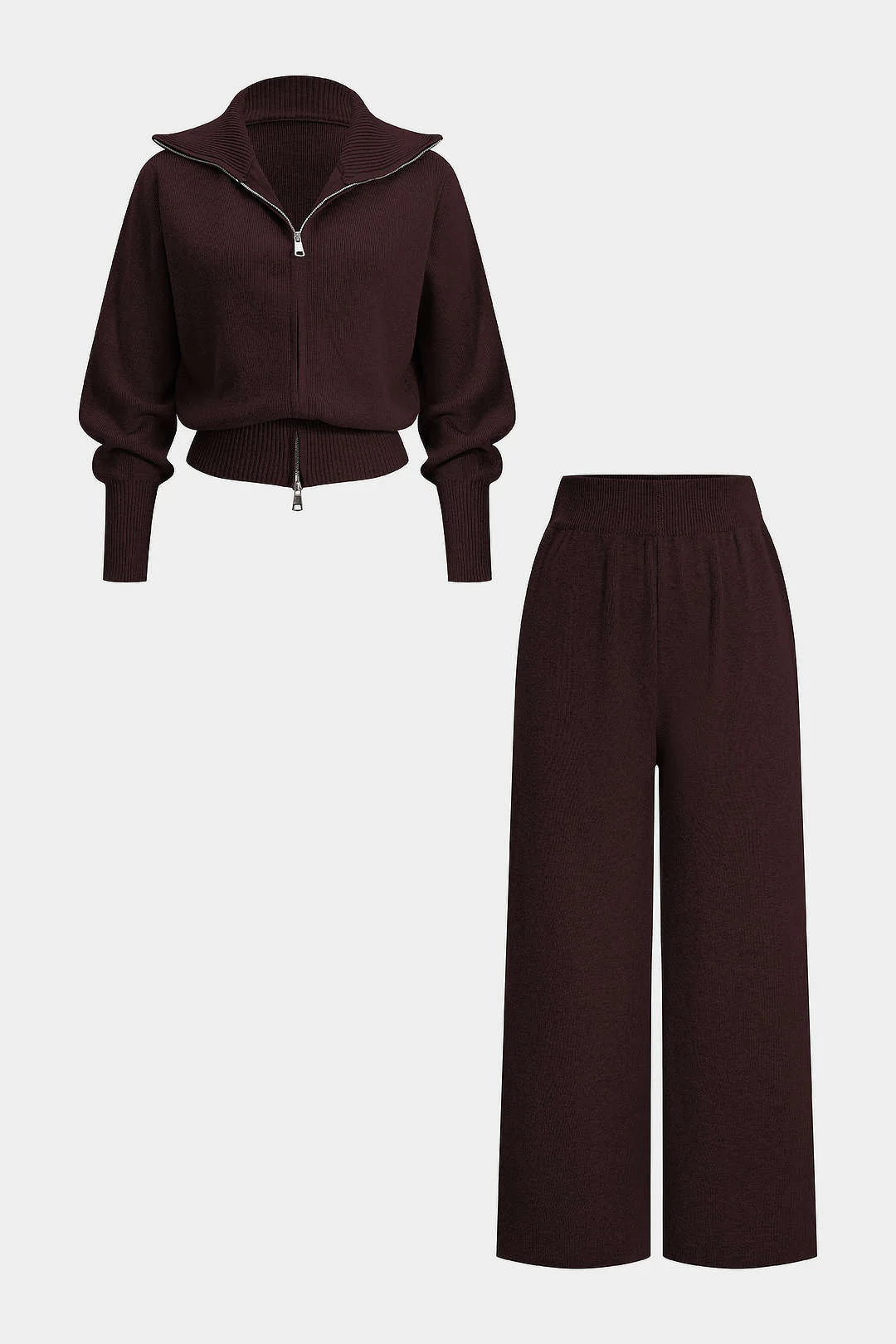 Knit Zipper Long-Sleeve Hoodie And Shirred Waistband Zipper Wide Leg Pants Set - Image 9