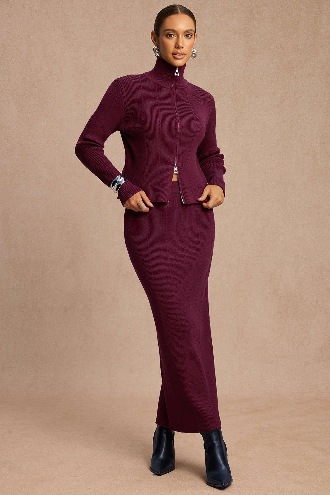 Knit Zipper Long-Sleeve Top And Skirt Set