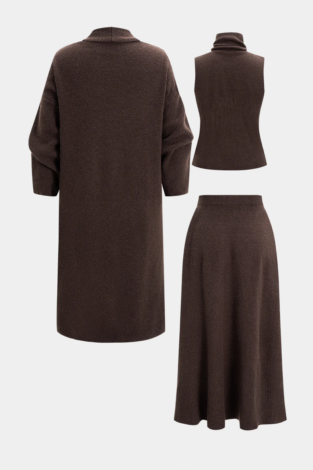 Knit Ruched Long Cardigan And Mock Neck Tank Top And Skirt Set - Image 2