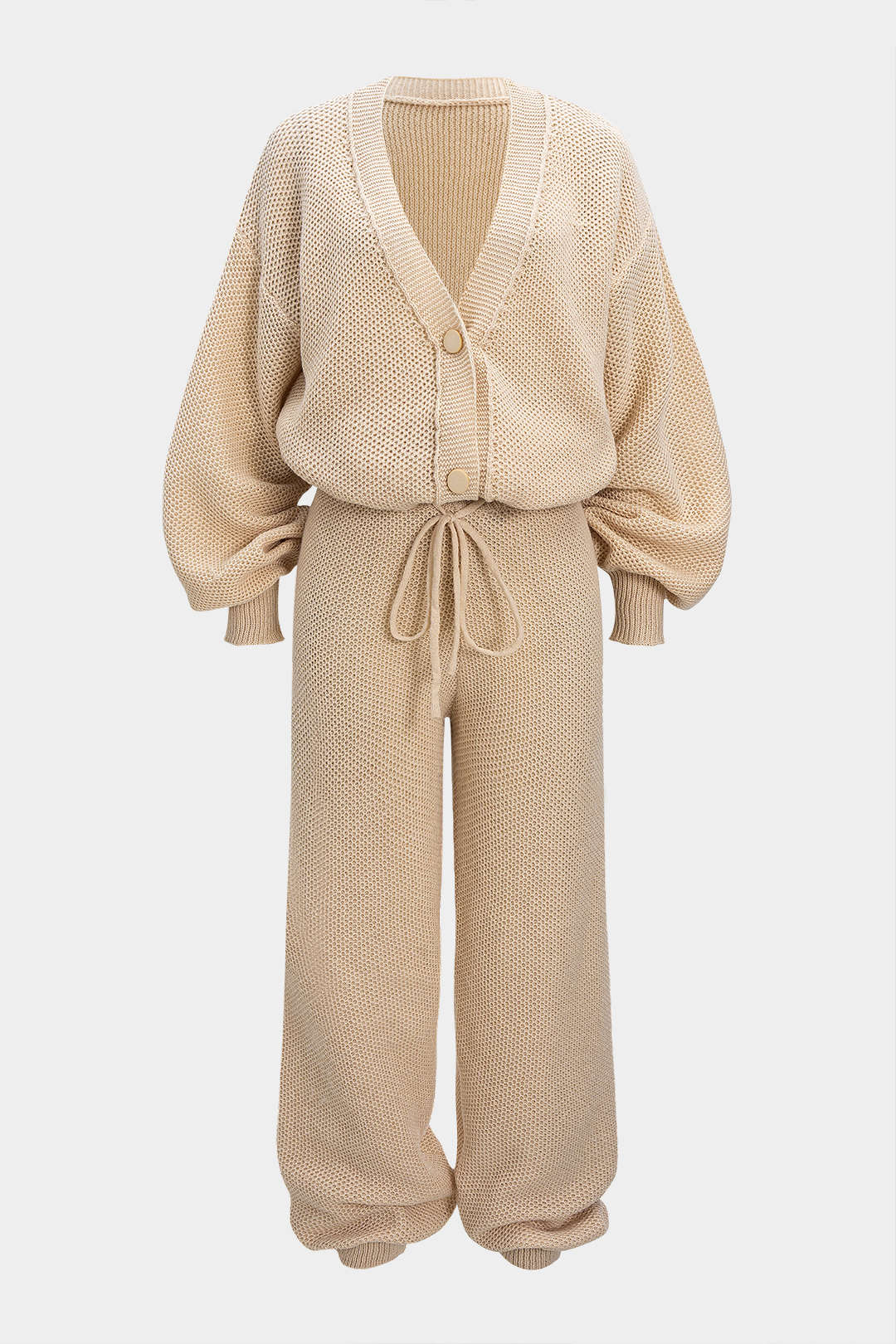 Button V-Neck Sweater Cardigan And Tie-Up Lantern Pants Set