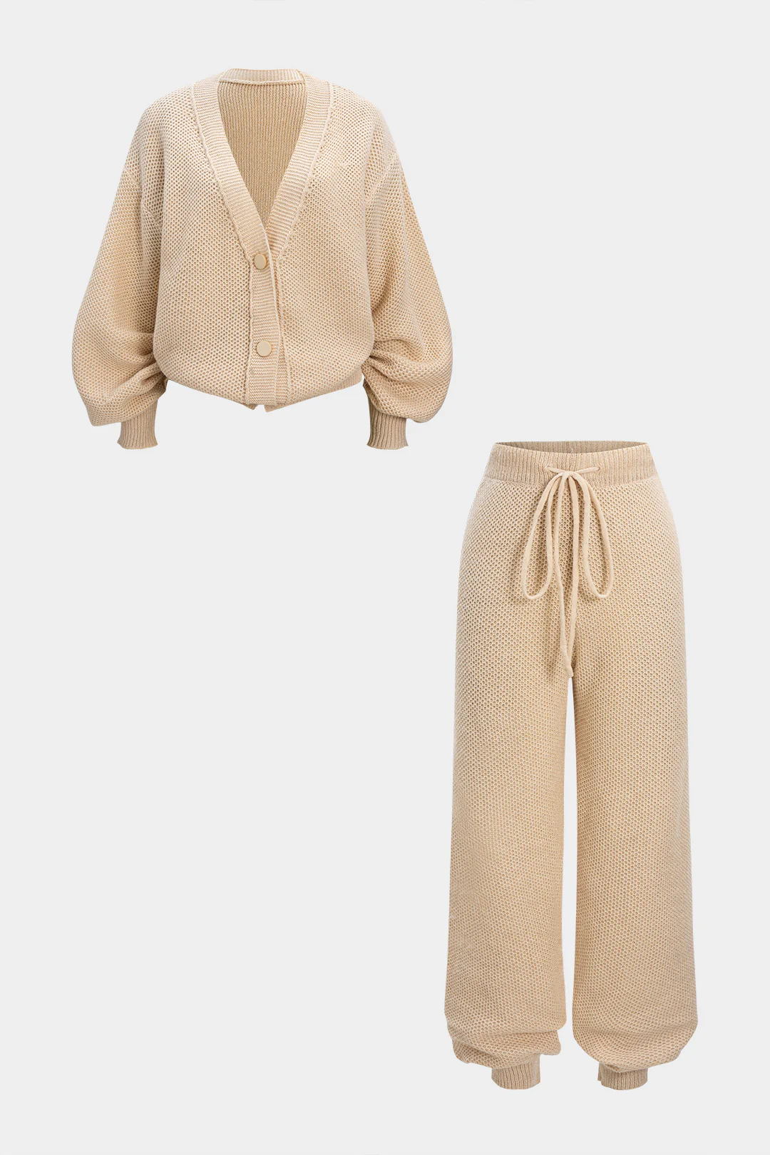 Button V-Neck Sweater Cardigan And Tie-Up Lantern Pants Set - Image 2