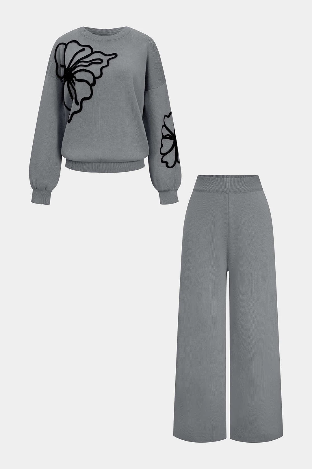 Knit Round Neck Embroidery Long-Sleeve Top And Wide Leg Pants Set - Image 10