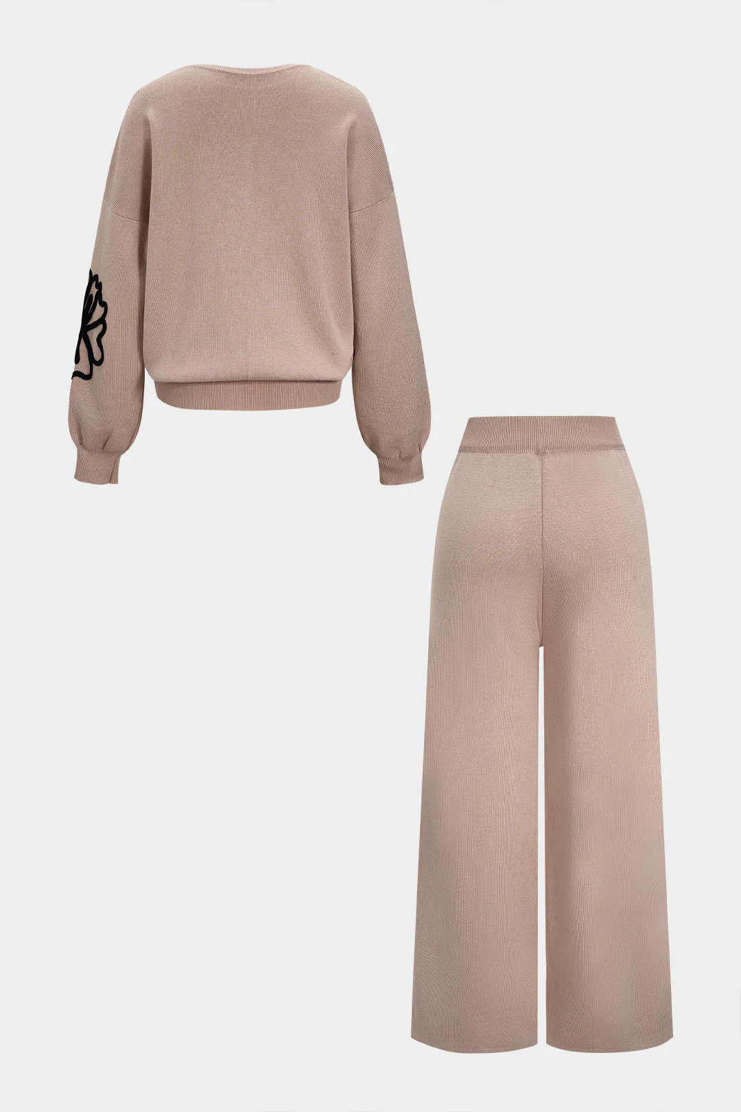 Knit Round Neck Embroidery Long-Sleeve Top And Wide Leg Pants Set - Image 2