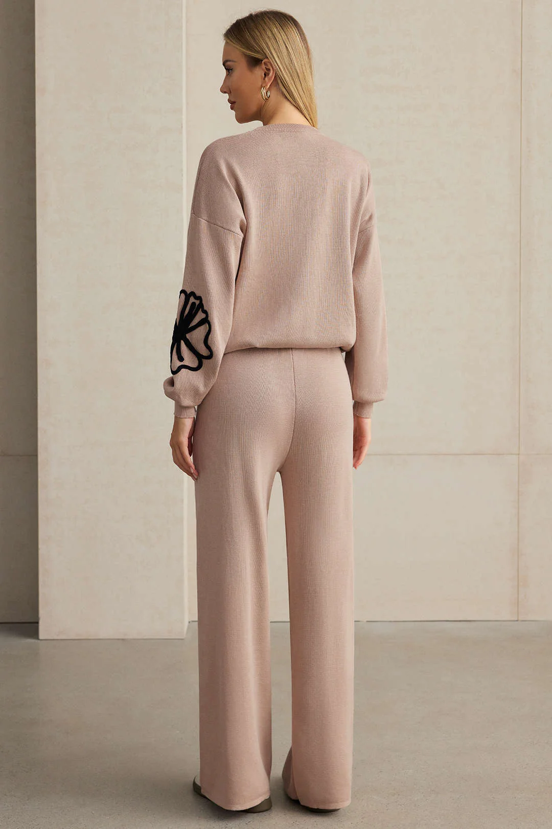 Knit Round Neck Embroidery Long-Sleeve Top And Wide Leg Pants Set - Image 8