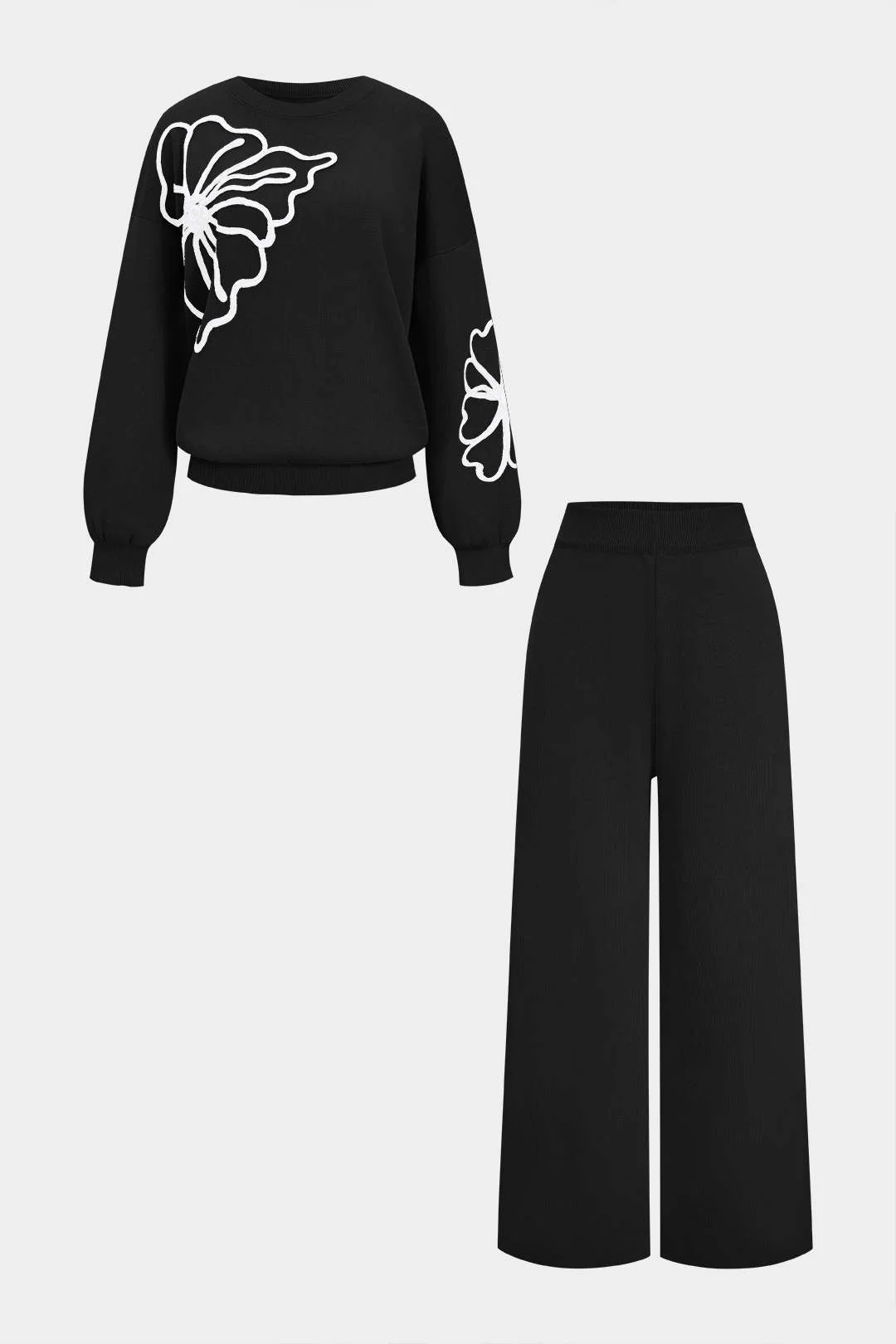 Knit Round Neck Embroidery Long-Sleeve Top And Wide Leg Pants Set - Image 9