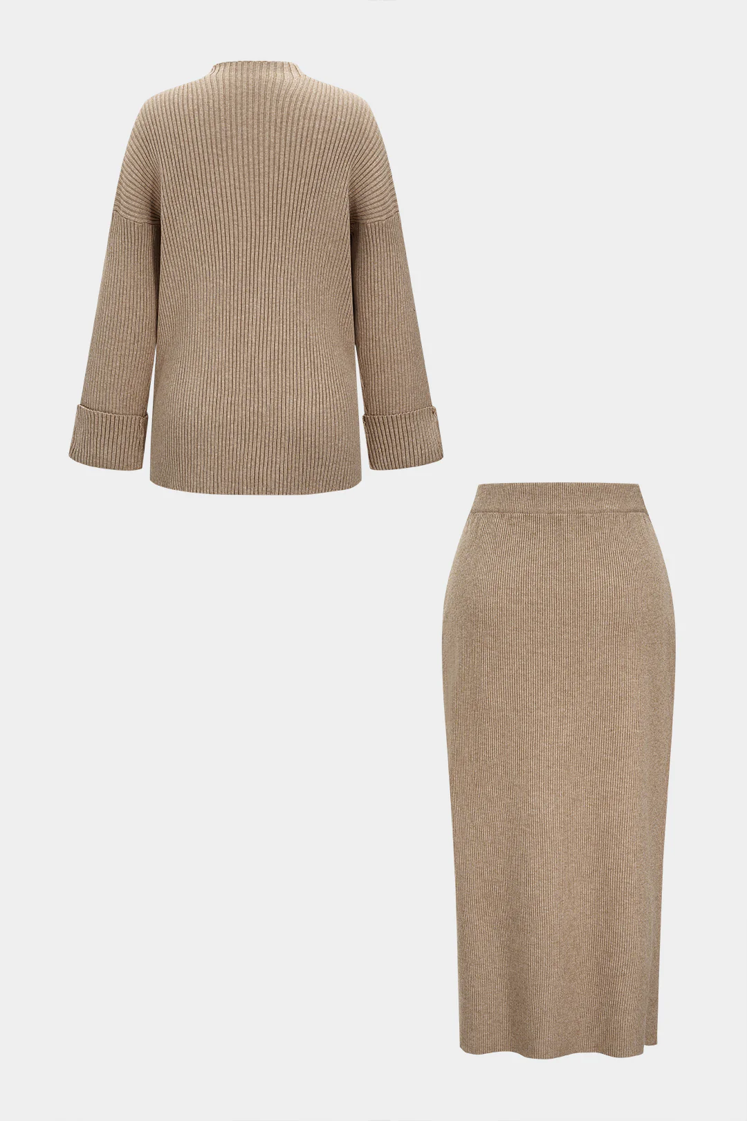 Knit Asymmetrical Button Side Slit Long-Sleeve Top And Skirt Set - Image 2