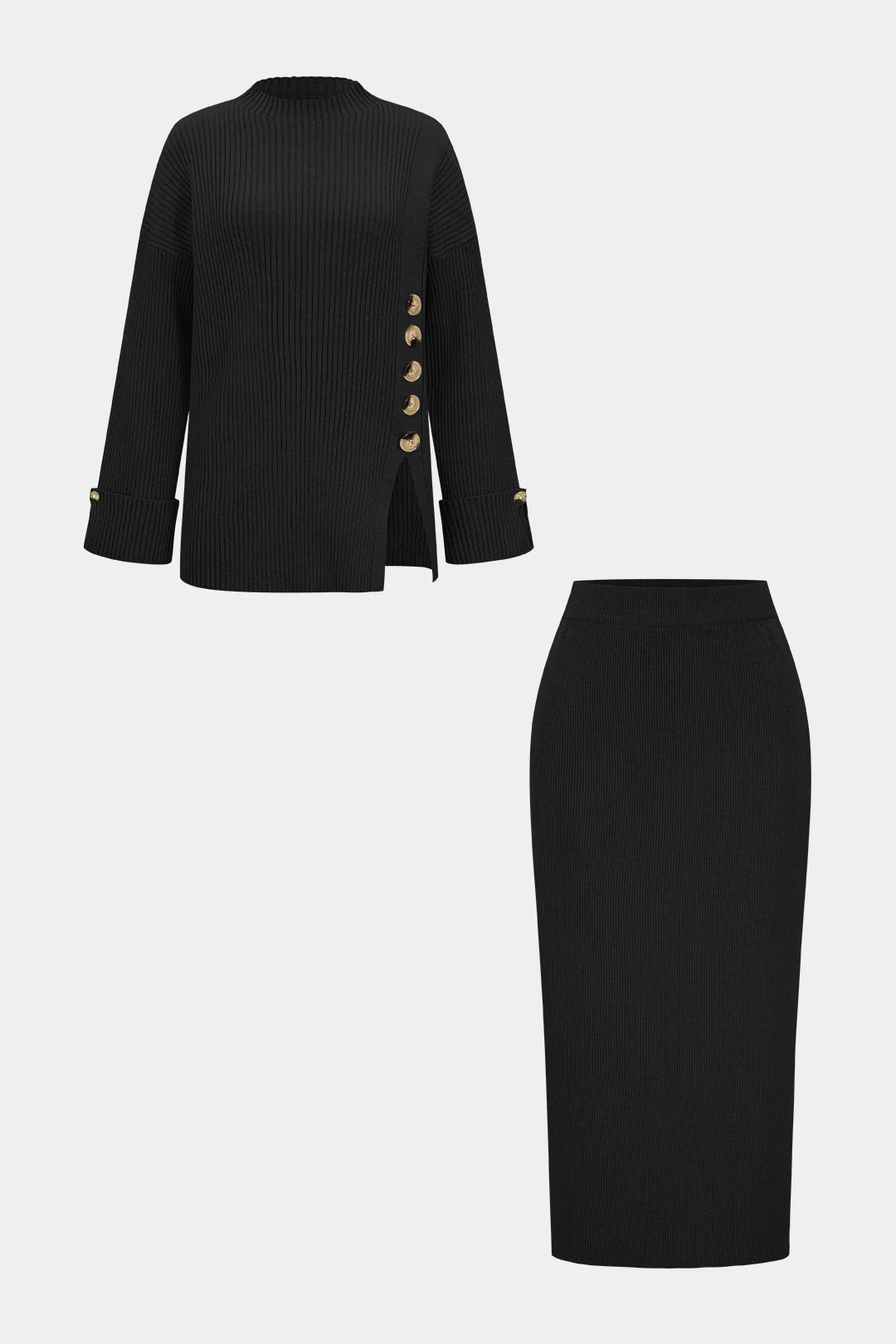 Knit Asymmetrical Button Side Slit Long-Sleeve Top And Skirt Set - Image 5