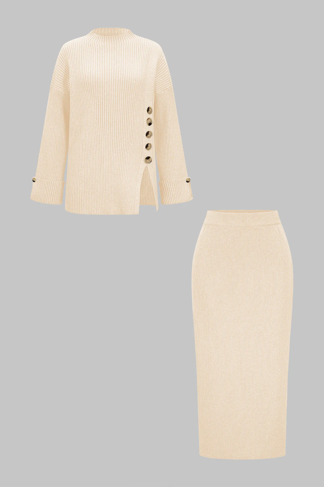 Knit Asymmetrical Button Side Slit Long-Sleeve Top And Skirt Set - Image 6