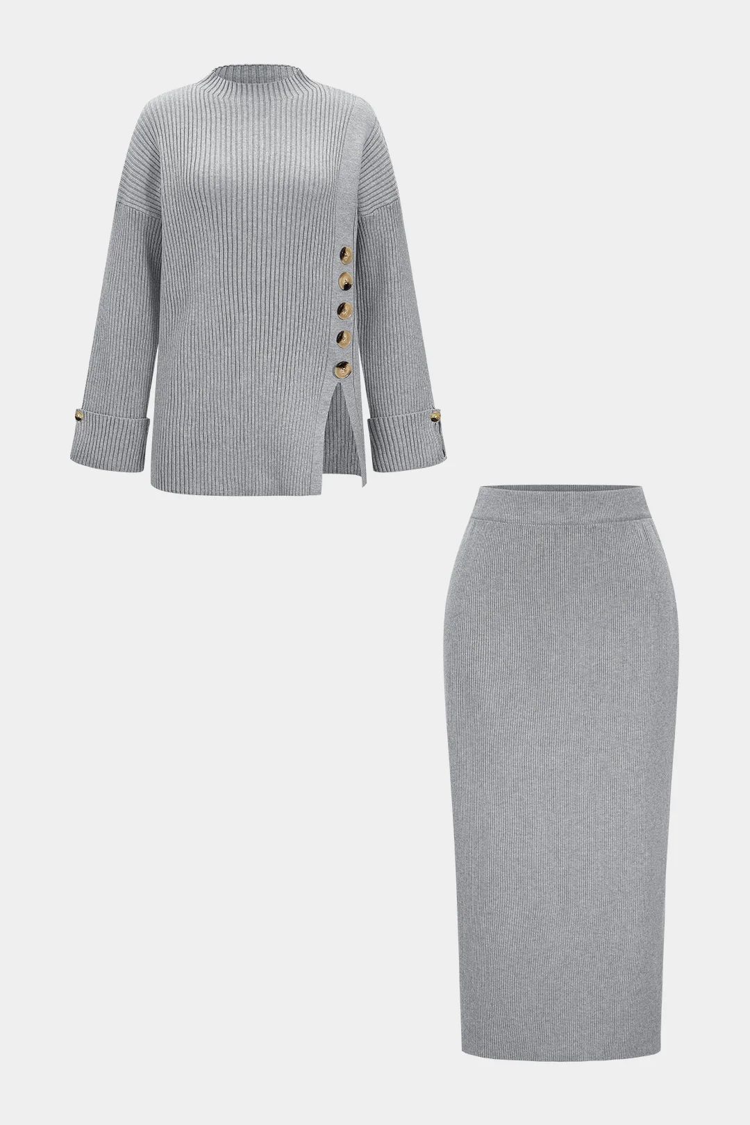 Knit Asymmetrical Button Side Slit Long-Sleeve Top And Skirt Set - Image 7