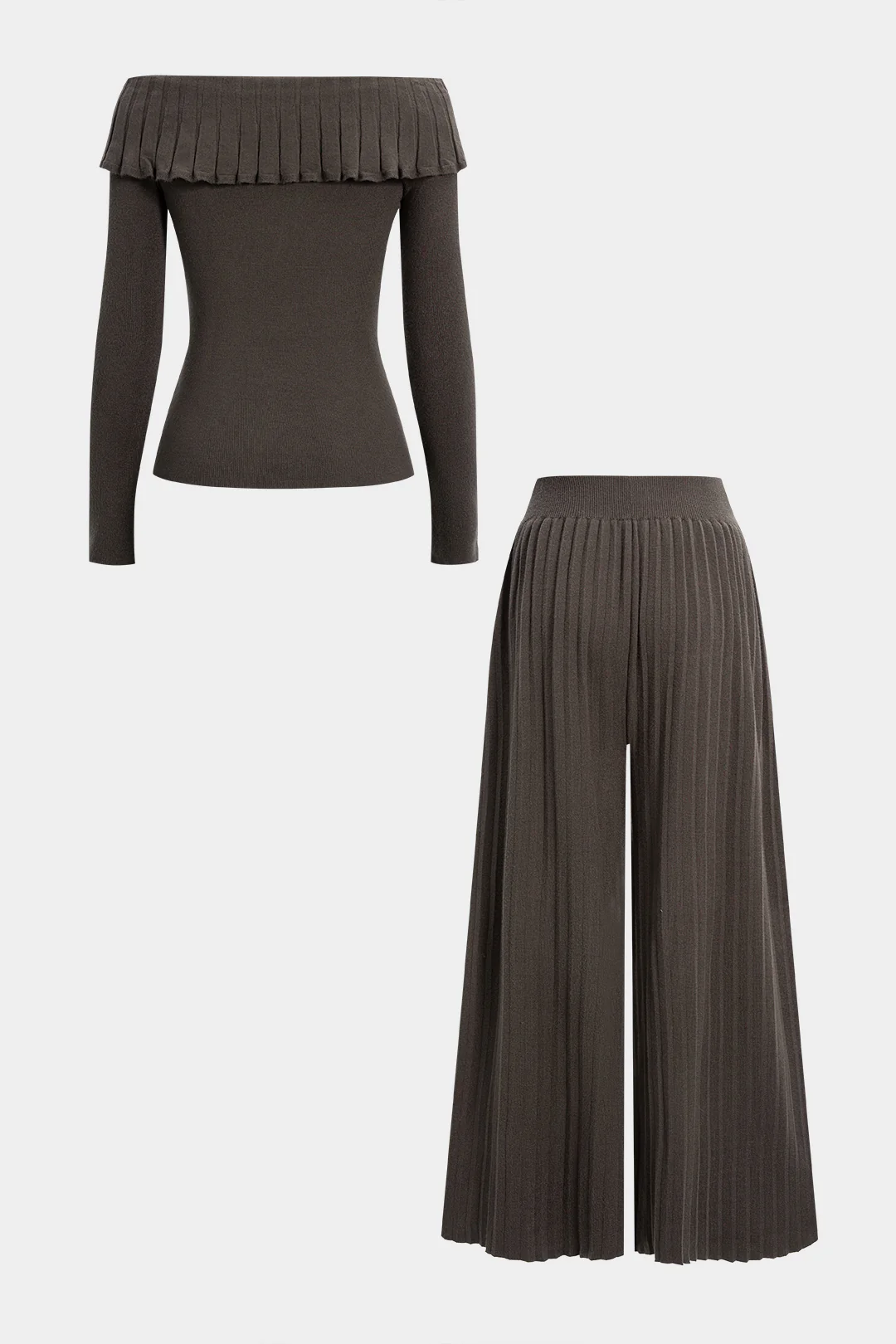 Knit Off Shoulder Ruffle Long-Sleeve Top And Wide Leg Pants Set - Image 2