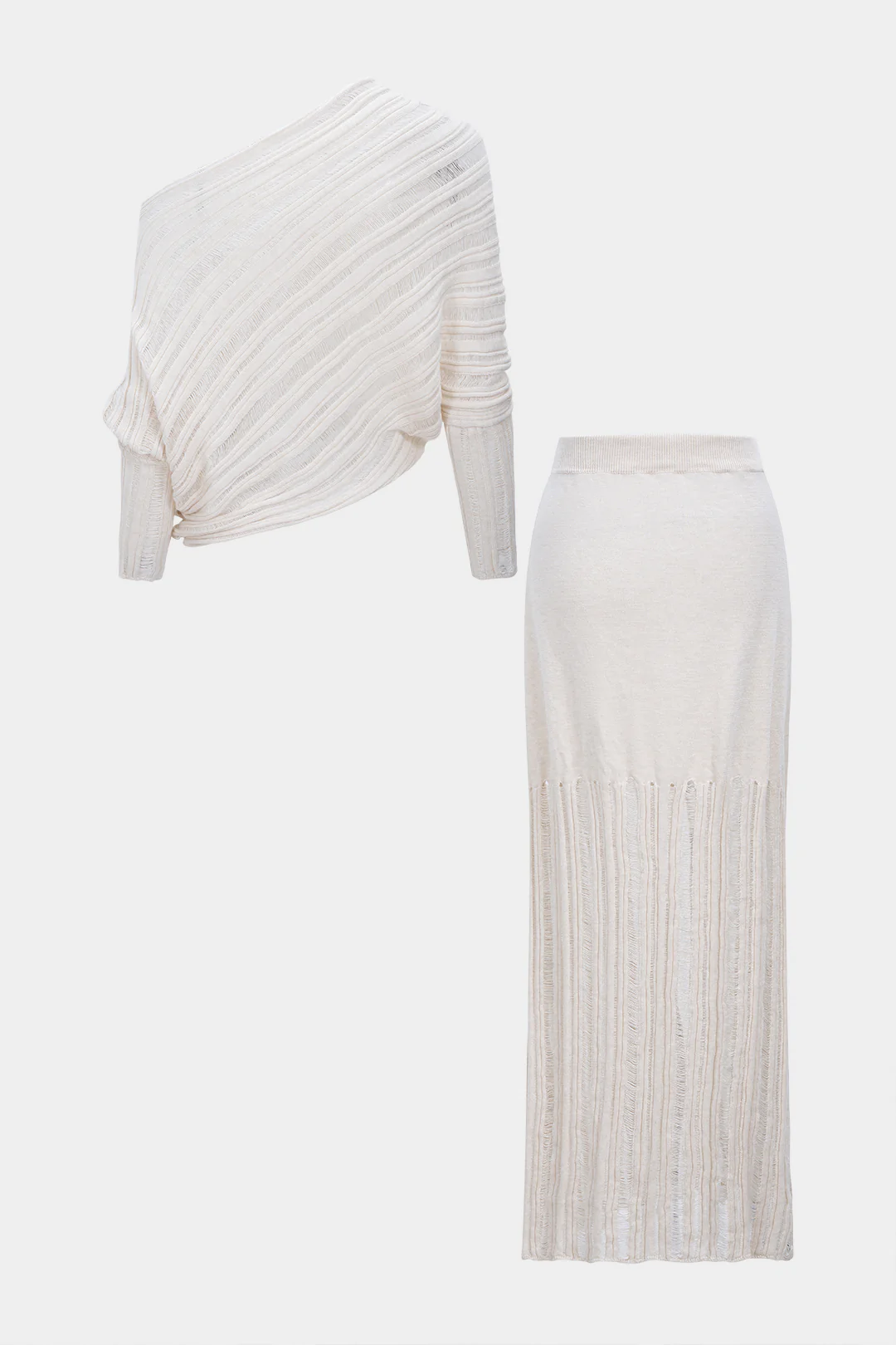 Knit Ripped Detail One Shoulder Long-Sleeve Top And Skirt Set